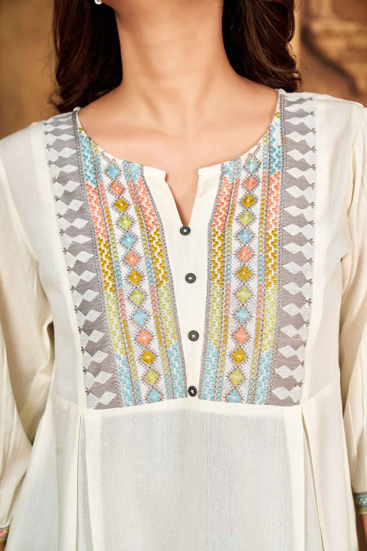 Round Neck Embroidered Rayon Top