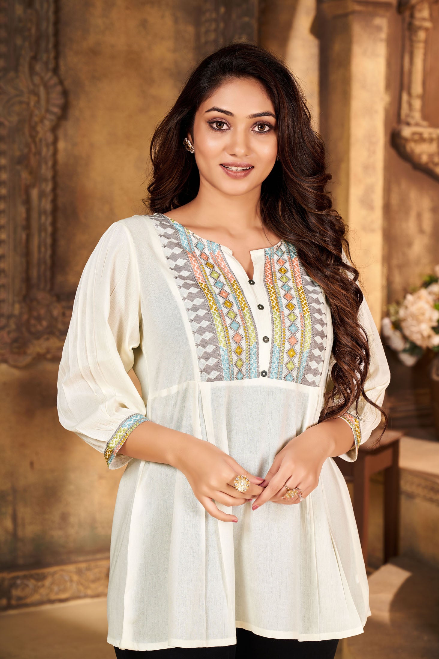 Round Neck Embroidered Rayon Top