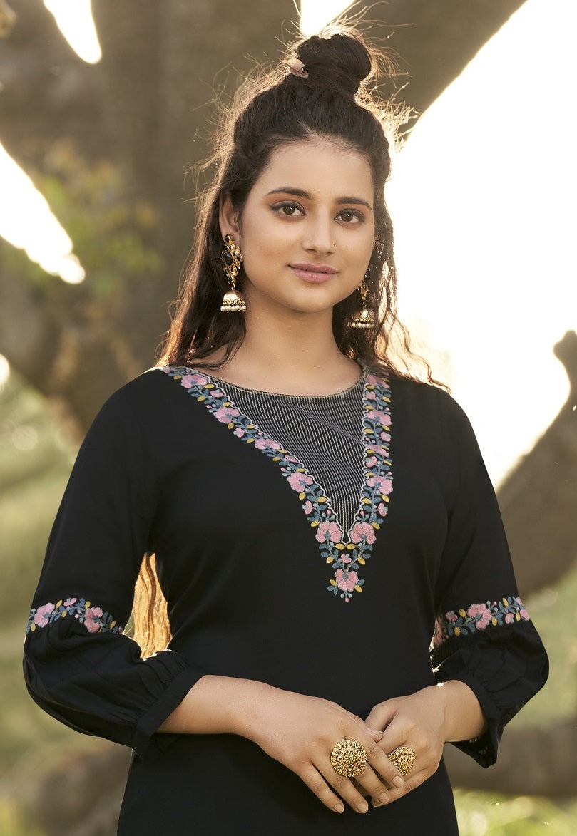 Round Neck Embroidered Rayon Top