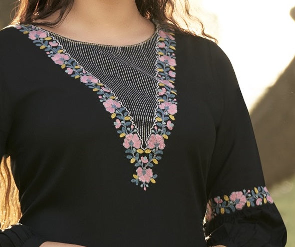 Round Neck Embroidered Rayon Top