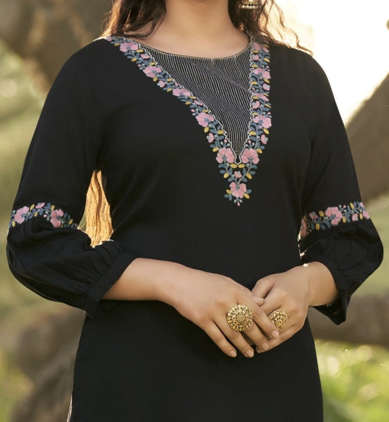 Round Neck Embroidered Rayon Top