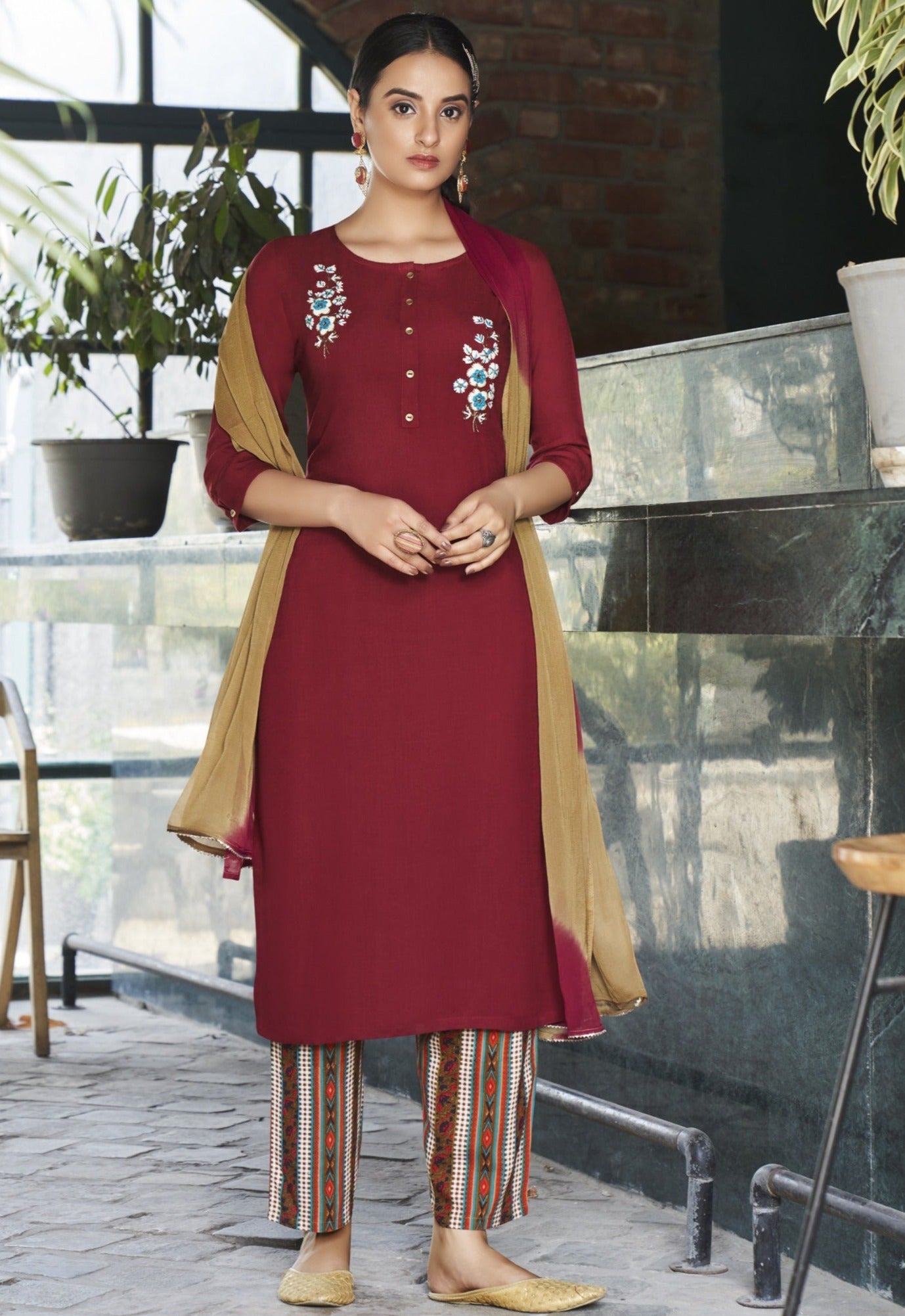 Embroidered Kurti With Pant & Dupatta