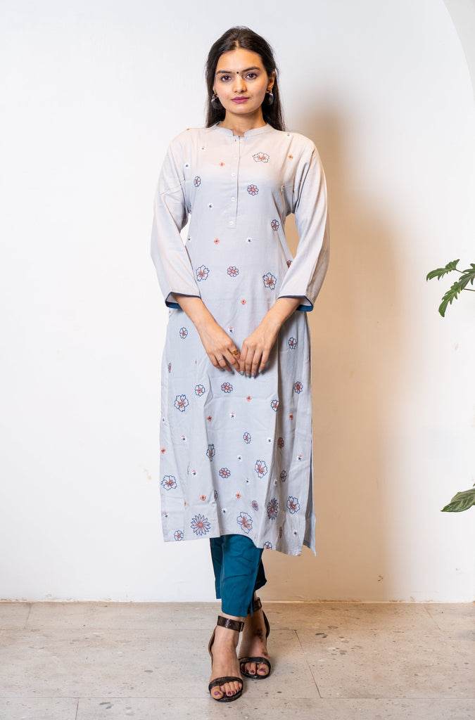 Rayon Embroidered Kurti With Rayon Pant & Dupatta