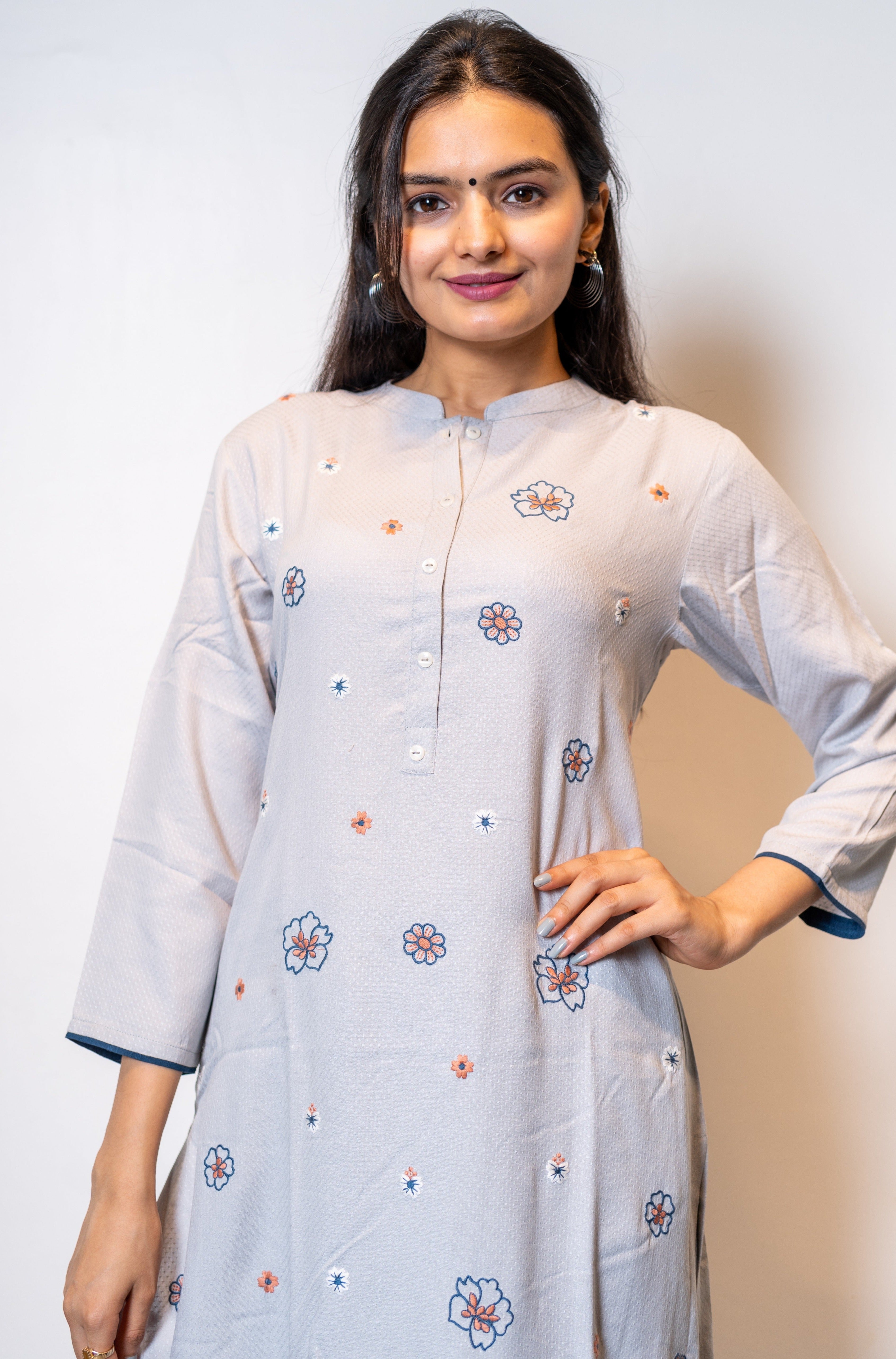 Rayon Embroidered Kurti With Rayon Pant & Dupatta