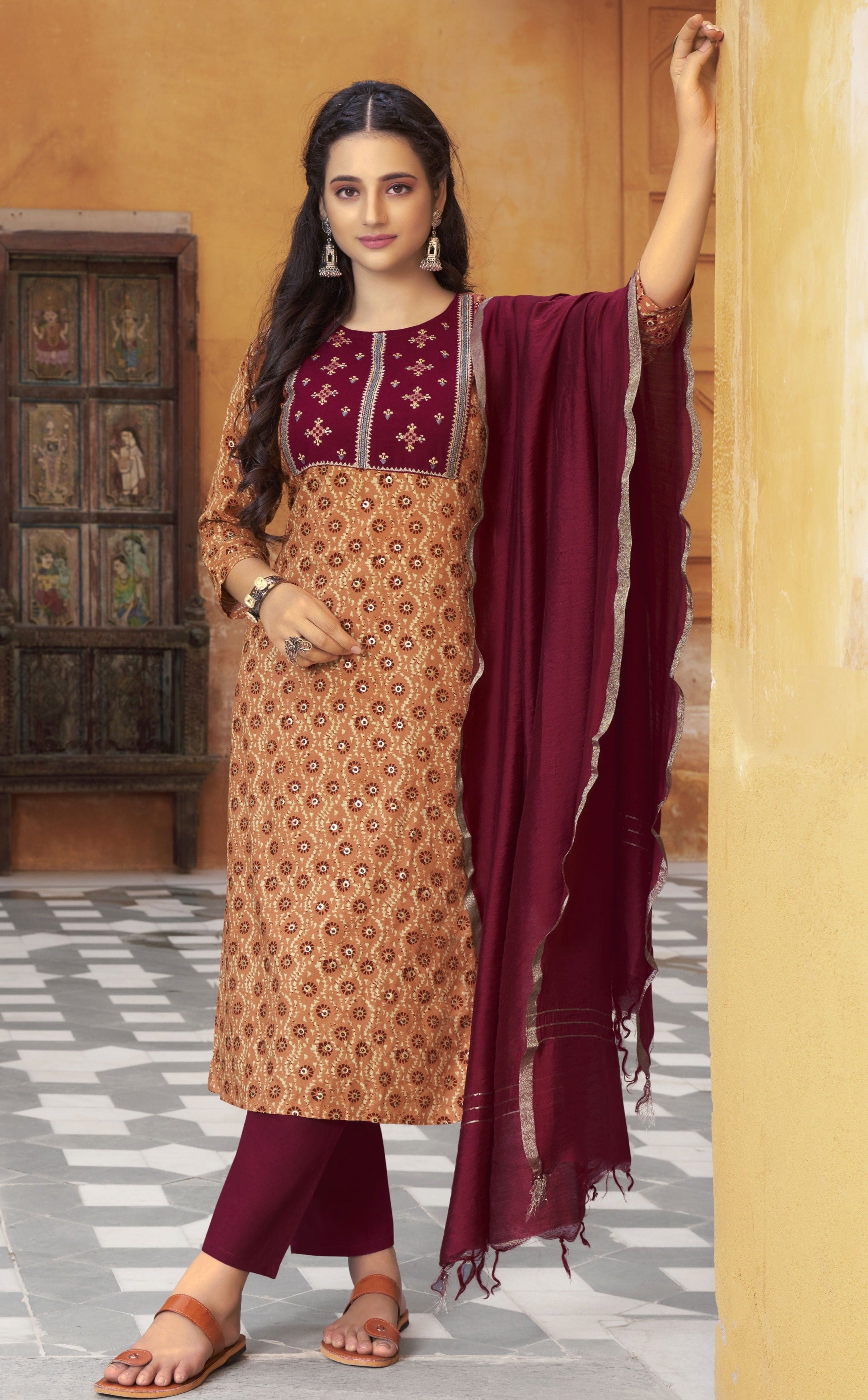 Embroidered Kurti With Pant & Dupatta