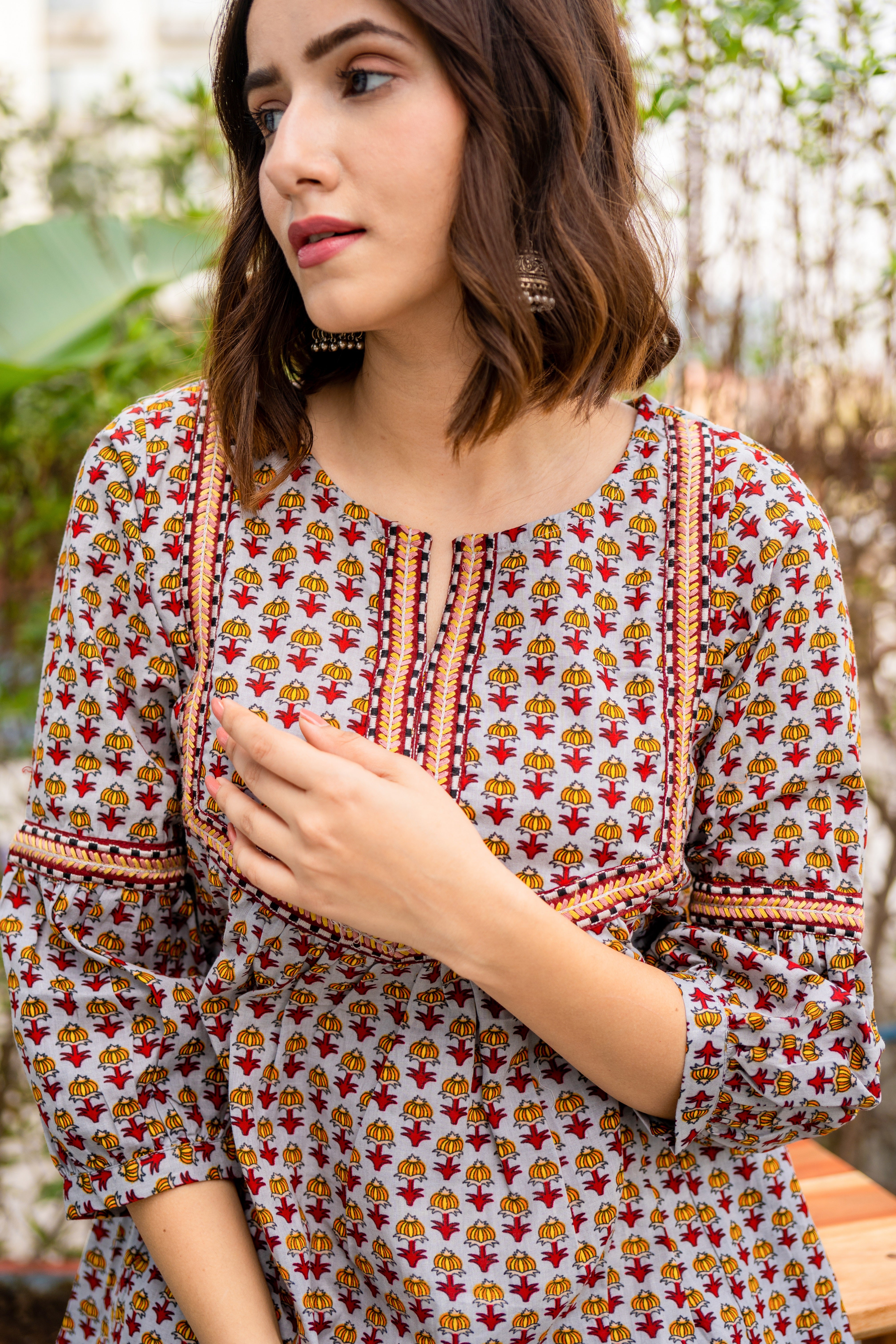 Round Neck Embroidered Printed Cotton Top