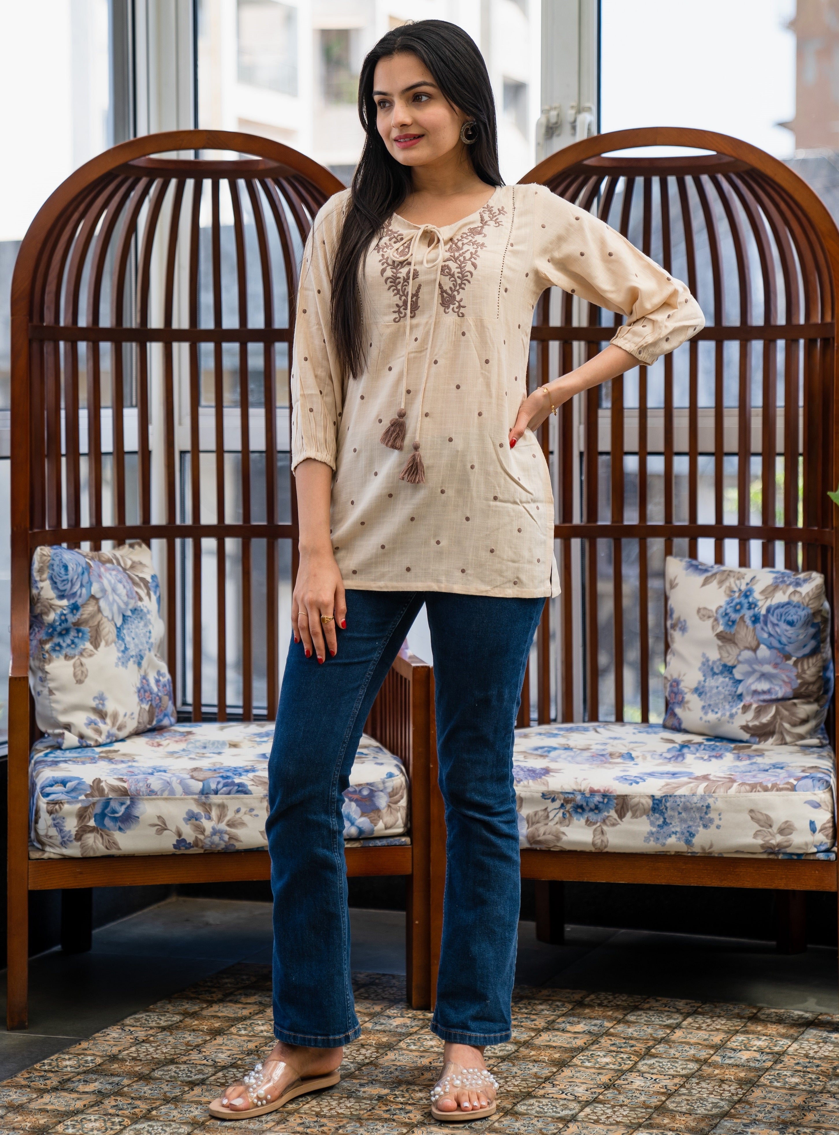Round Neck Embroidered Rayon Top