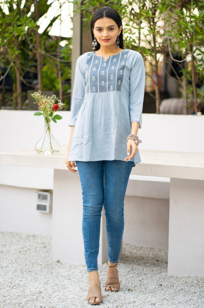 Round Neck Embroidered Rayon Top