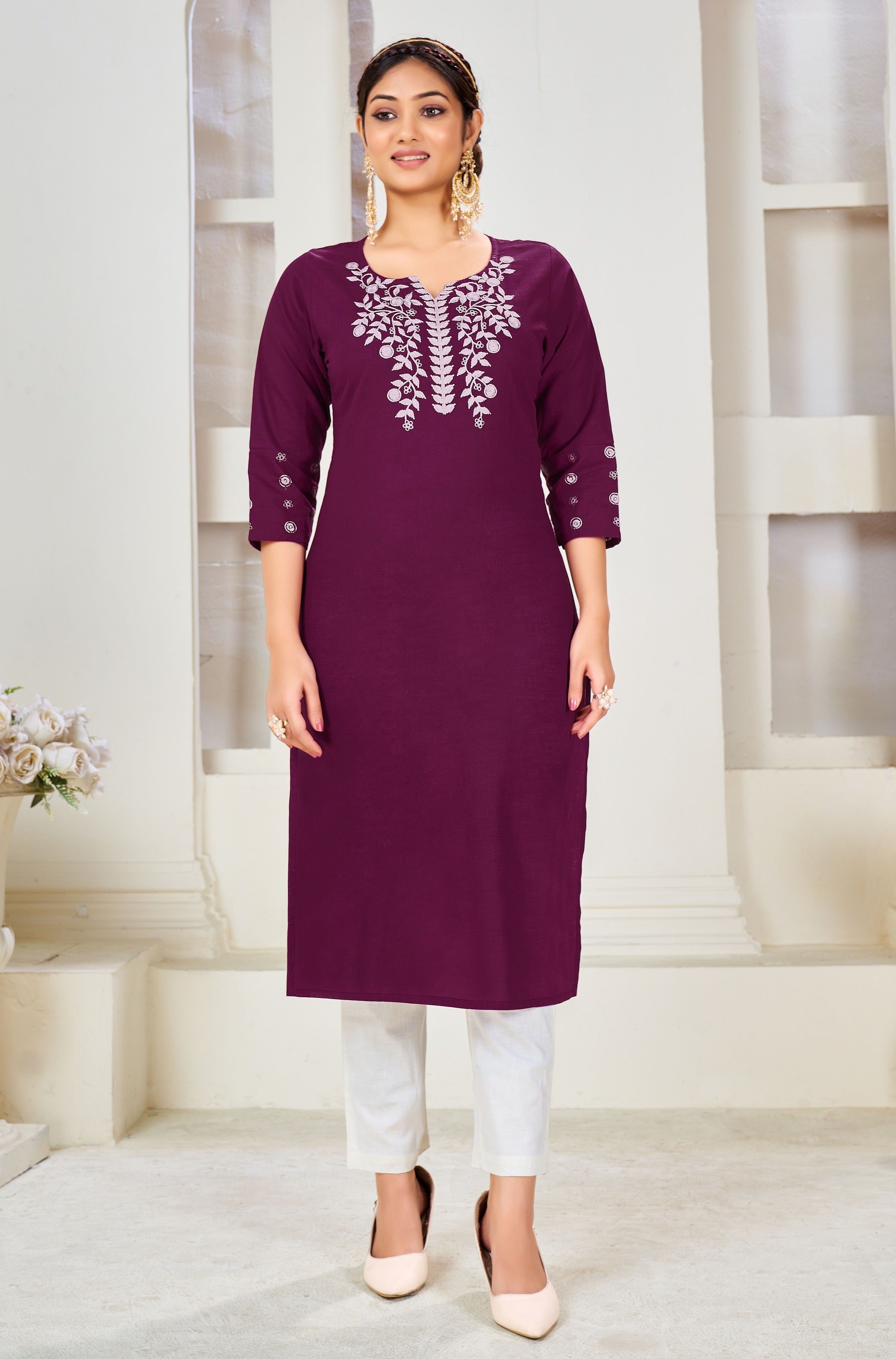 Round Neck Embroidered Cotton Kurti