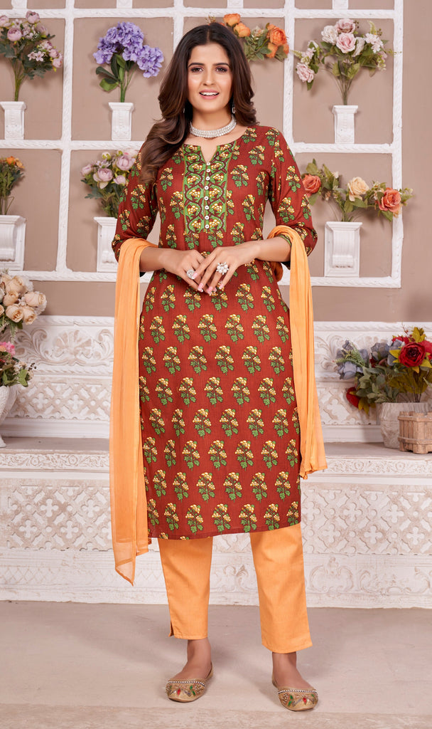 Embroidered Kurti With Pant & Dupatta
