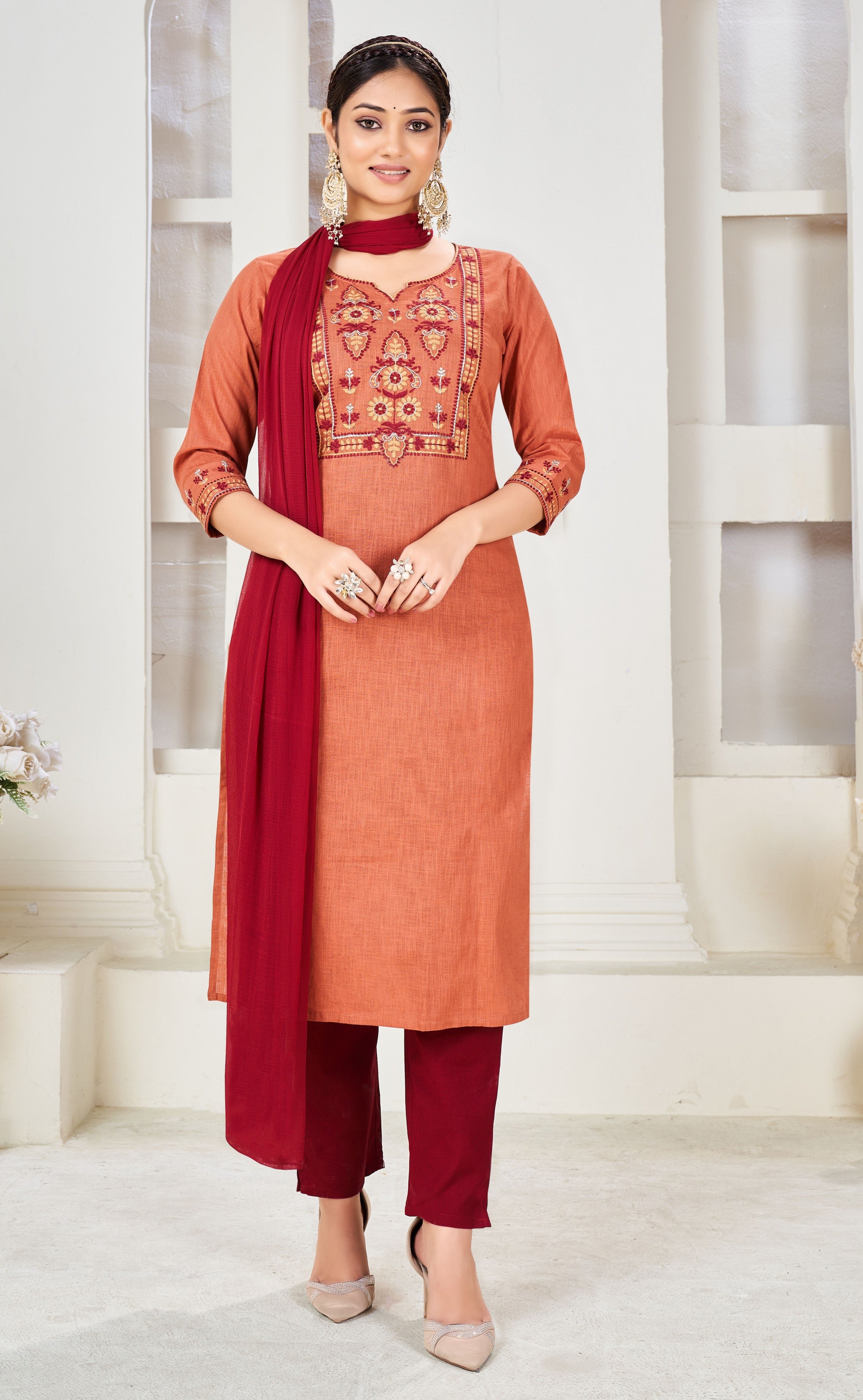 Embroidered Kurti With Pant & Dupatta