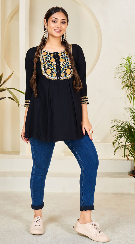 Round Neck Embroidered Rayon Top