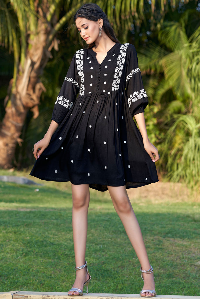 Black Floral Embroidered A-Line Knee Liva Length Ethnic Dress