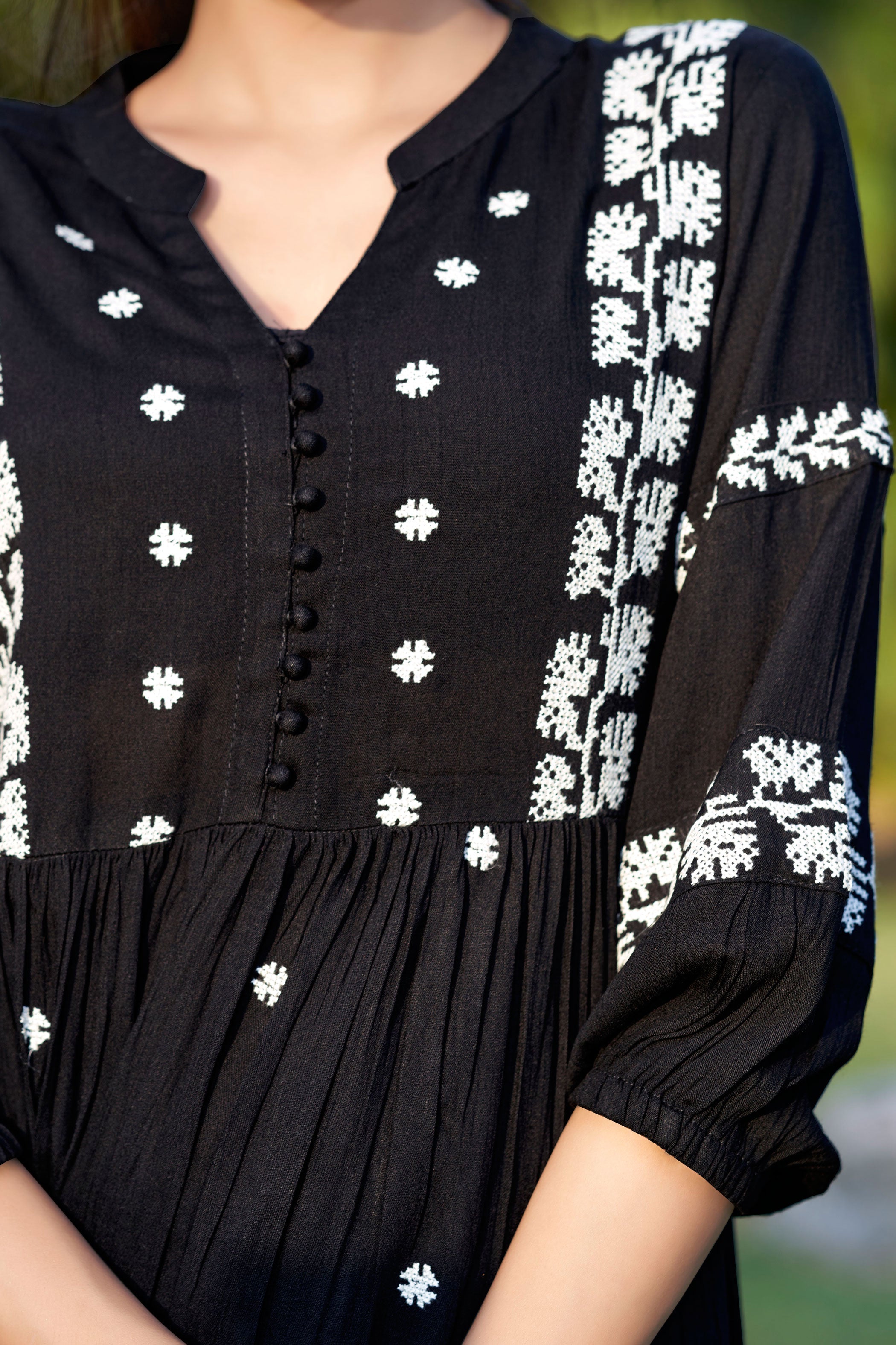 Black Floral Embroidered A-Line Knee Liva Length Ethnic Dress