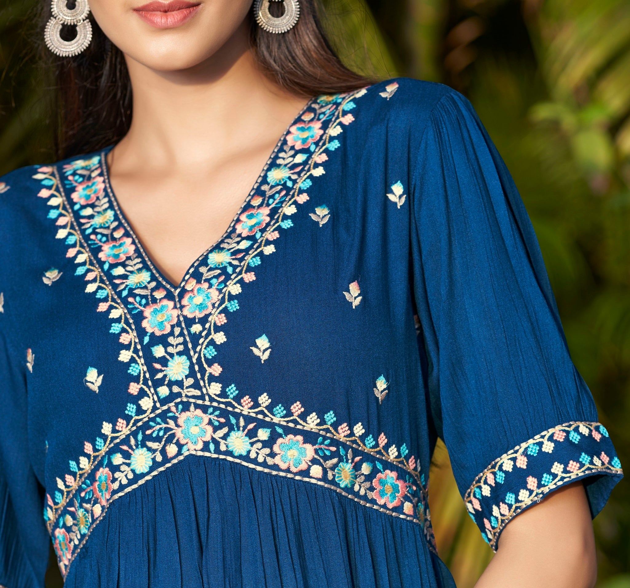 Round Neck Embroidered Rayon Top