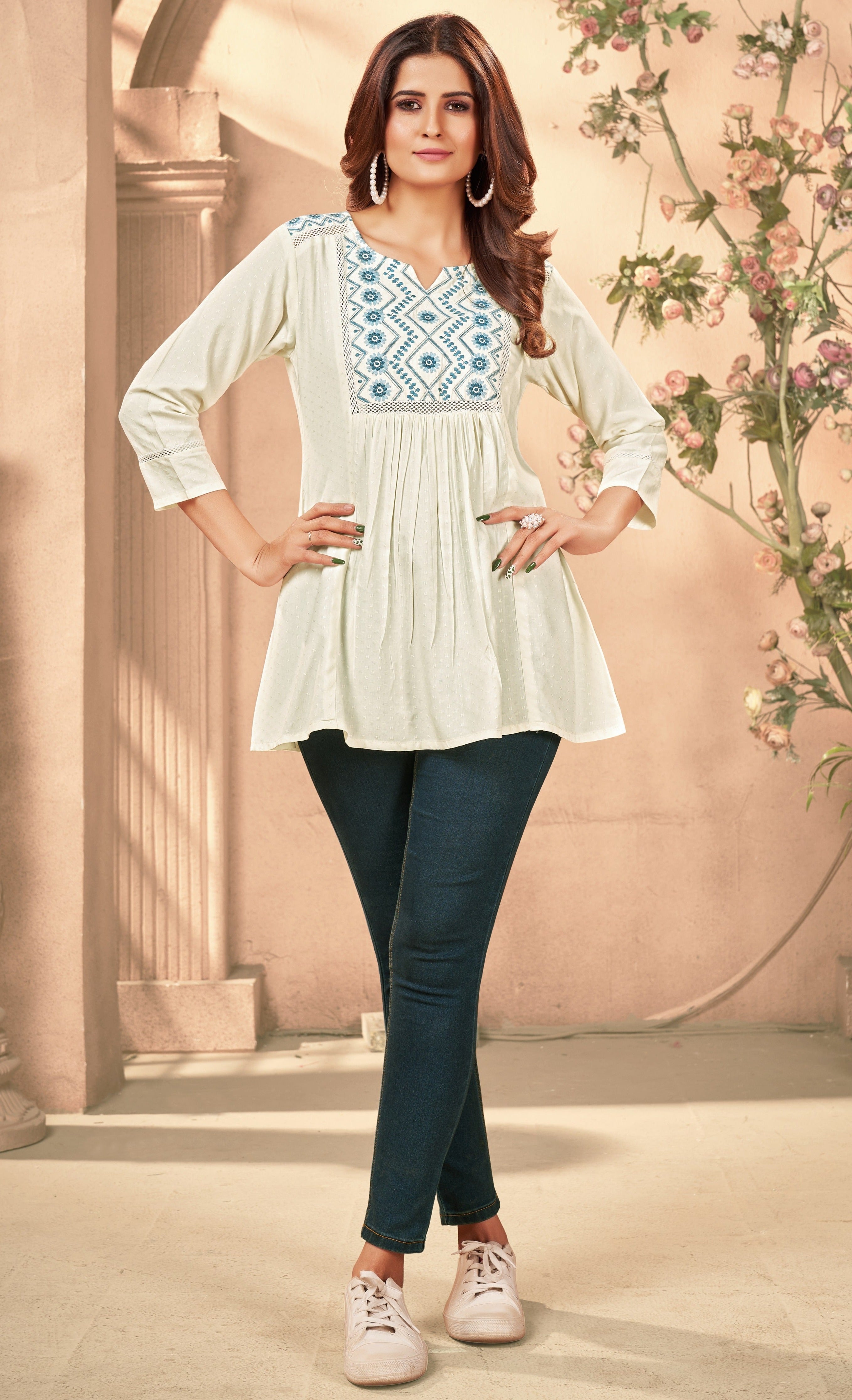 Round Neck Embroidered Rayon Top