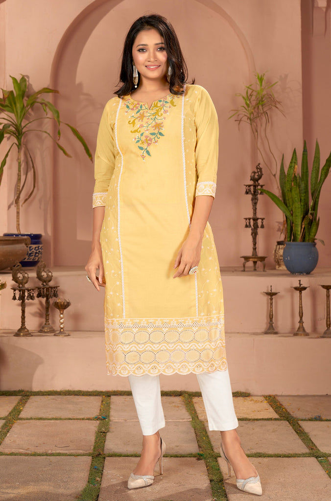 Yellow Embroidered Cotton schiffli Kurti