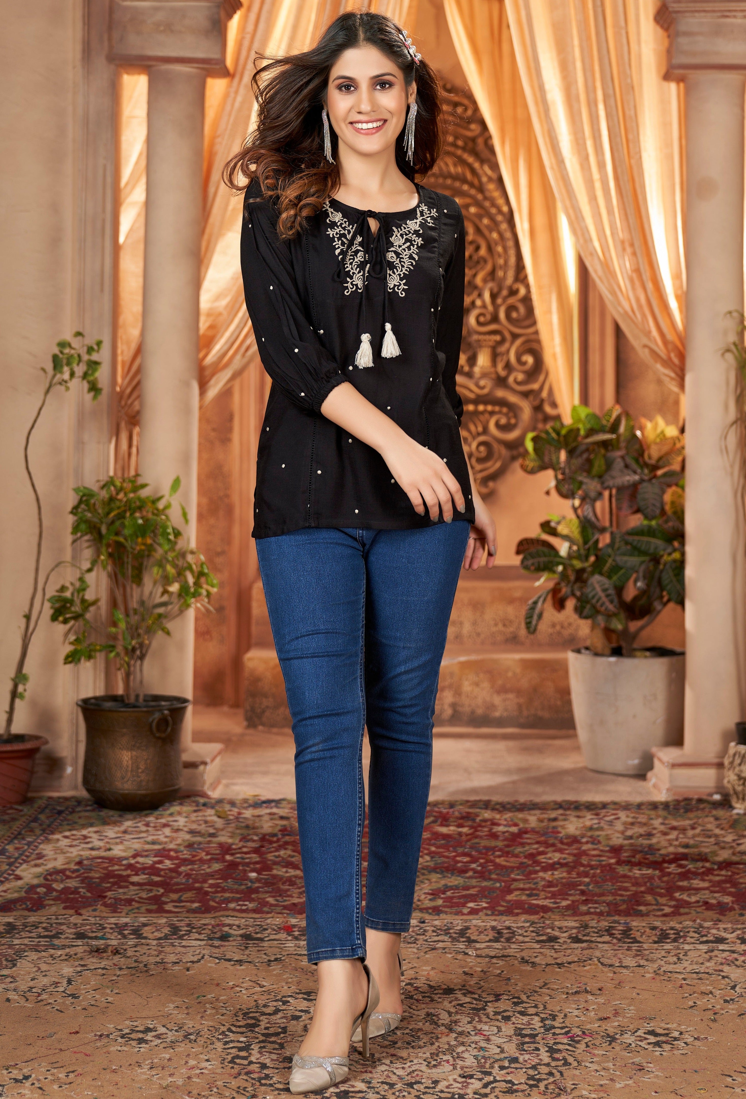 Round Neck Embroidered Rayon Top