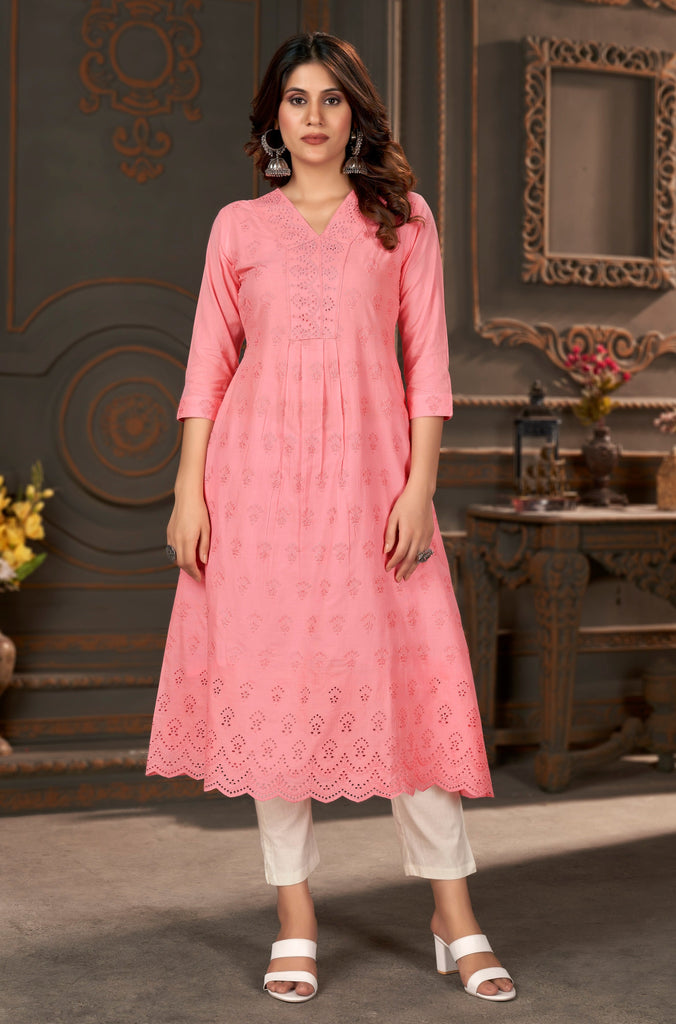 Round Neck Embroidered Cotton Schiffli Kurta