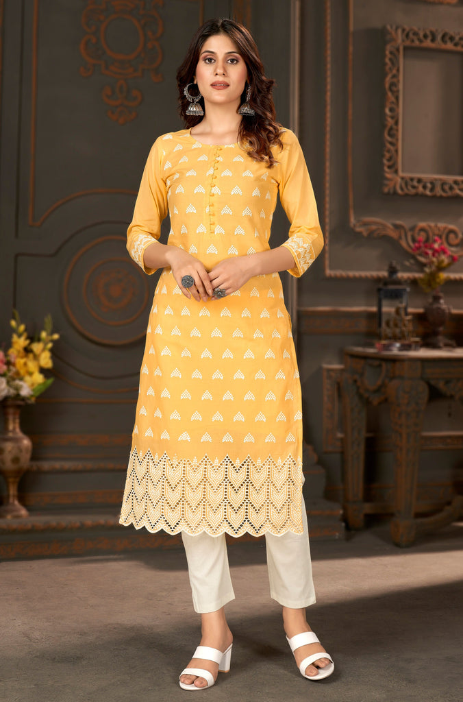 Round Neck Embroidered Cotton Schiffli Kurta