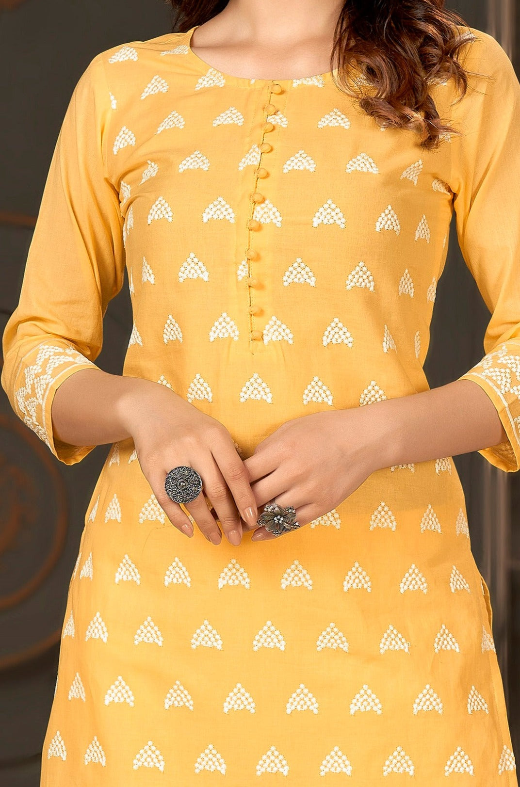 Round Neck Embroidered Cotton Schiffli Kurta