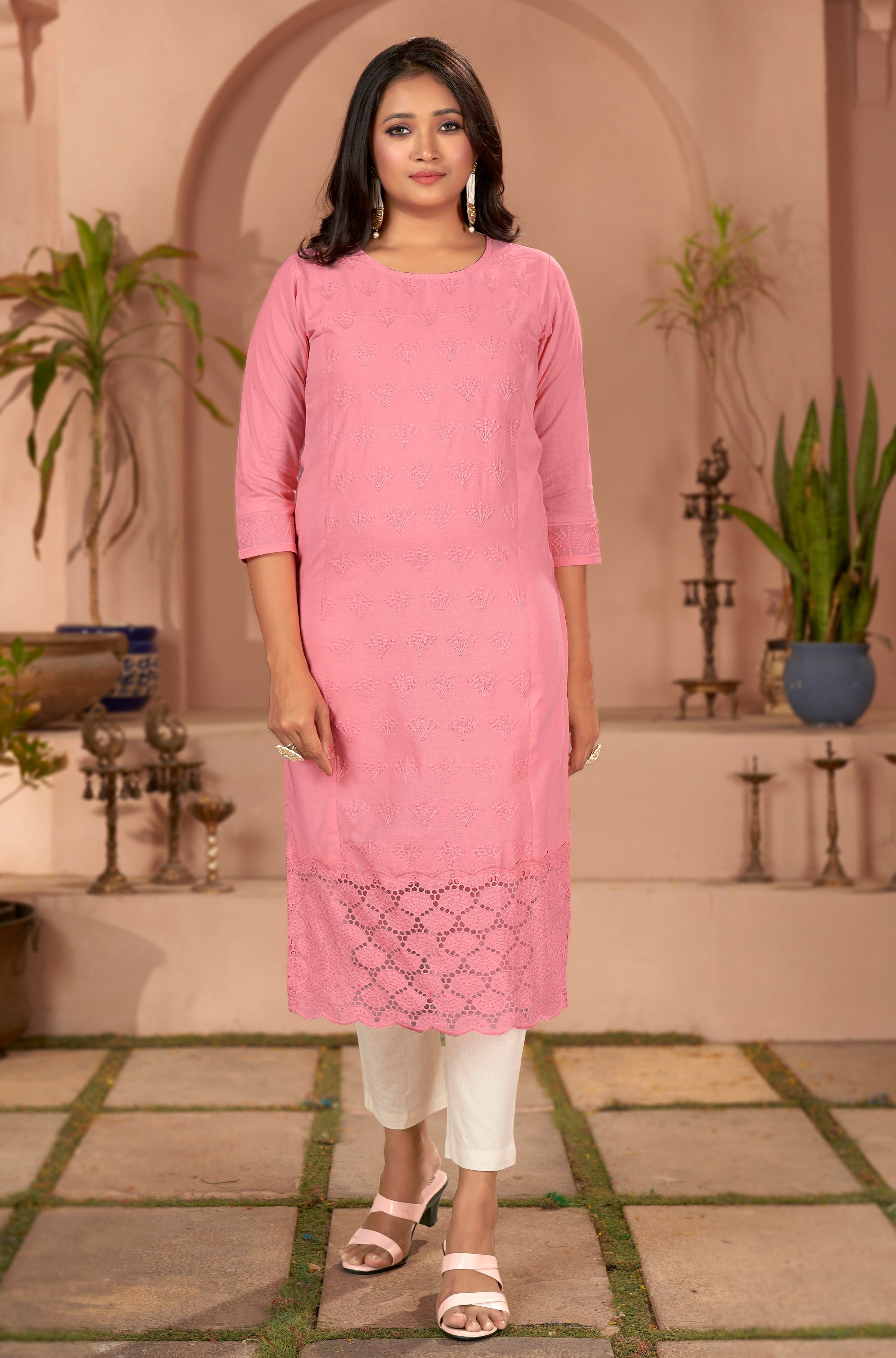 Round Neck Embroidered Cotton Schiffli Kurta