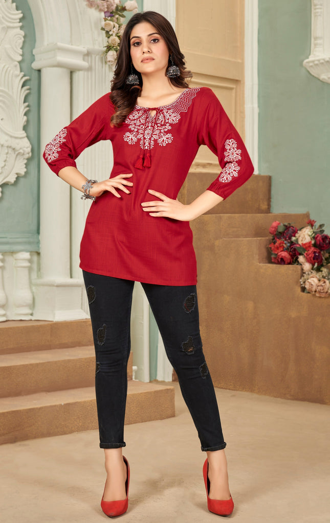 Round Neck Embroidered Rayon Dobby Top