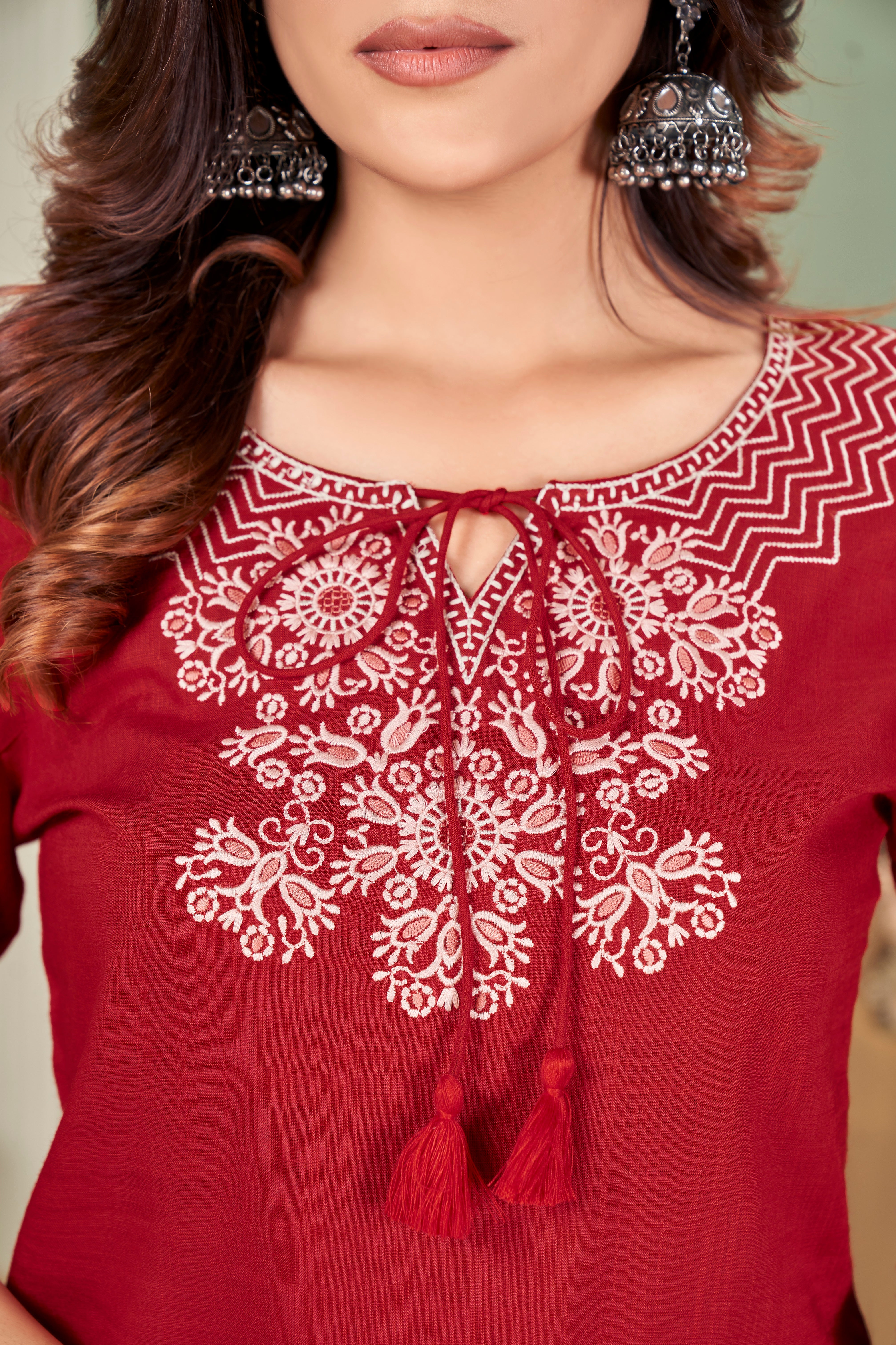 Round Neck Embroidered Rayon Dobby Top