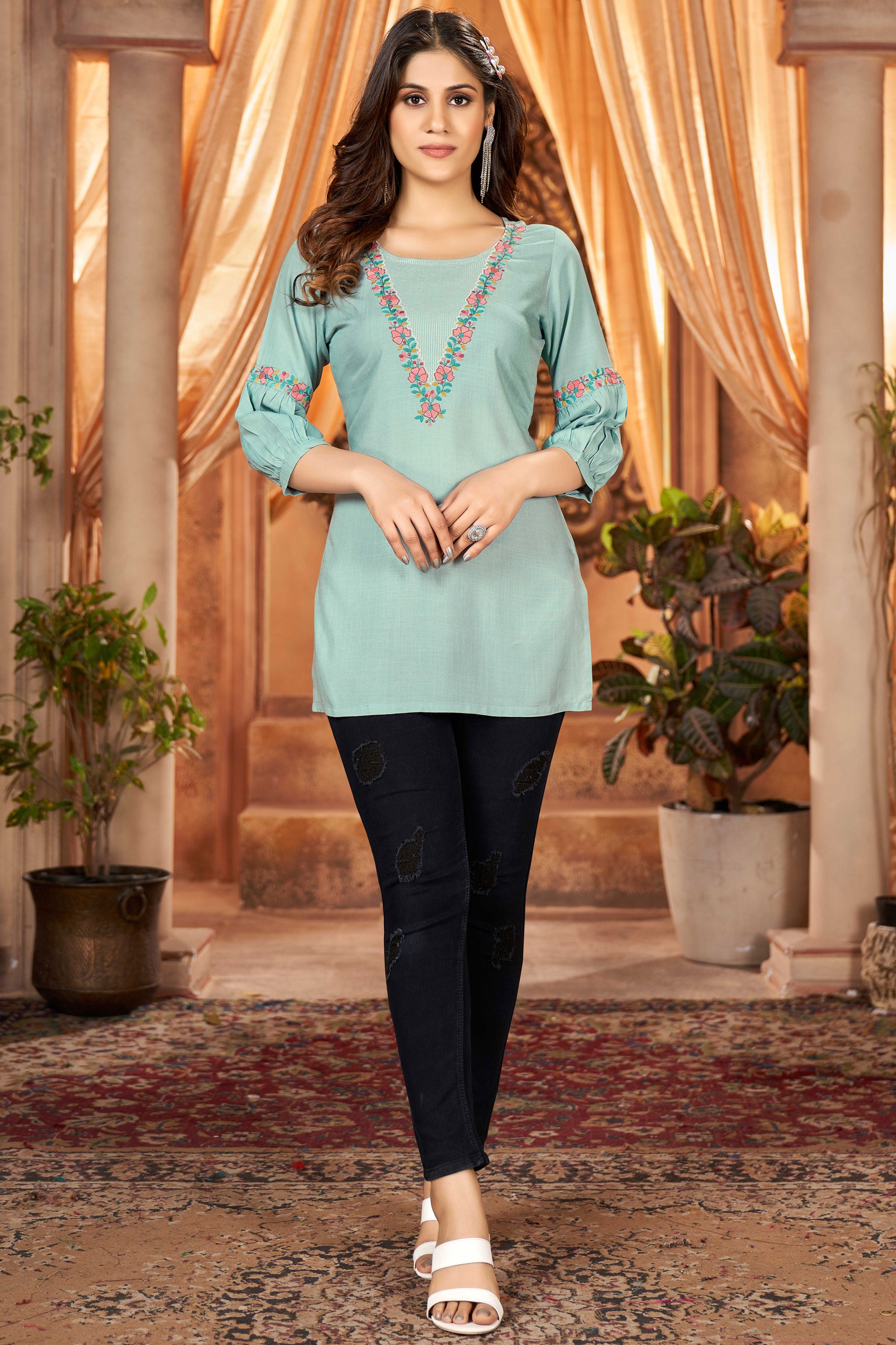 Round Neck Embroidered Rayon Top