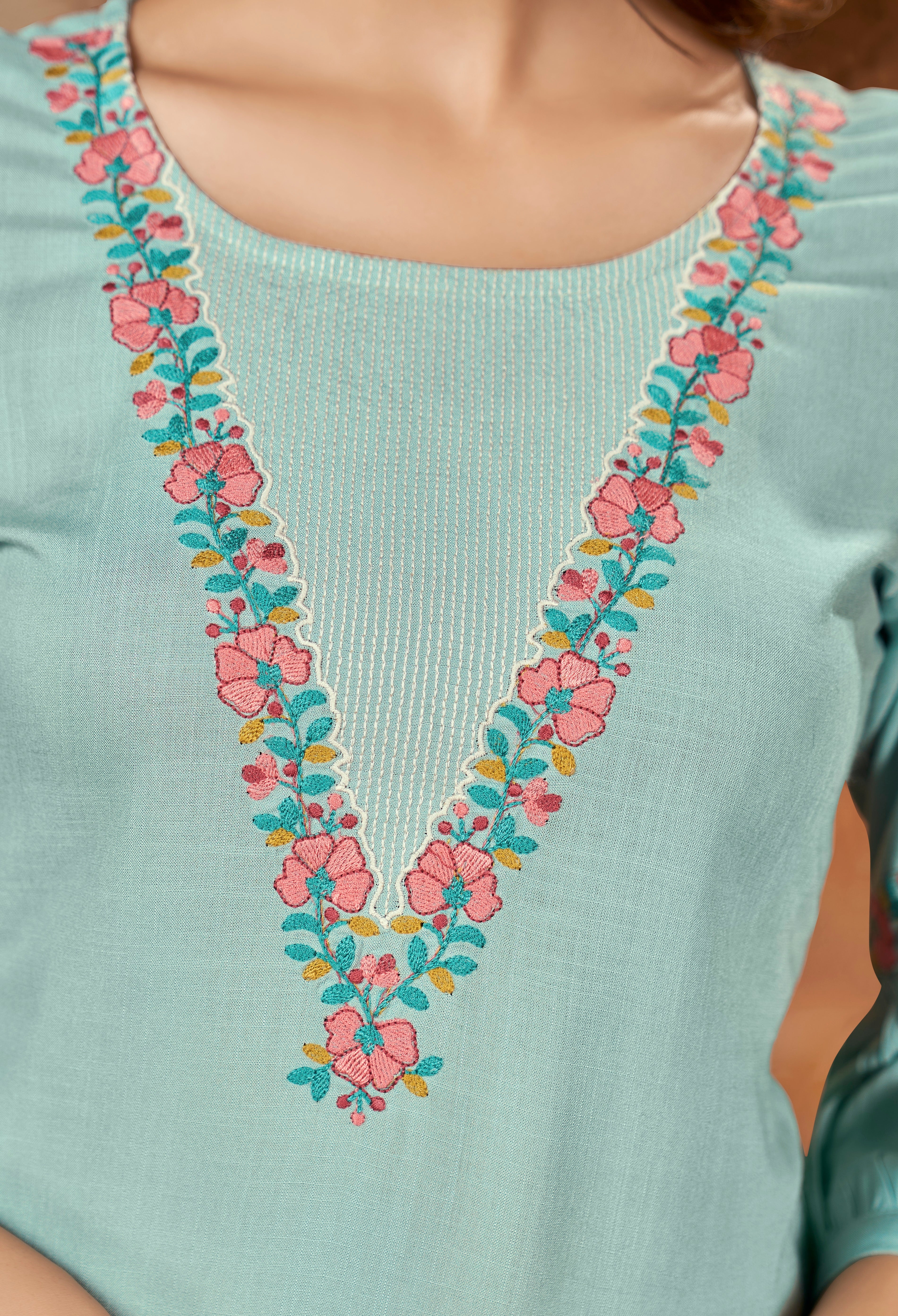 Round Neck Embroidered Rayon Top