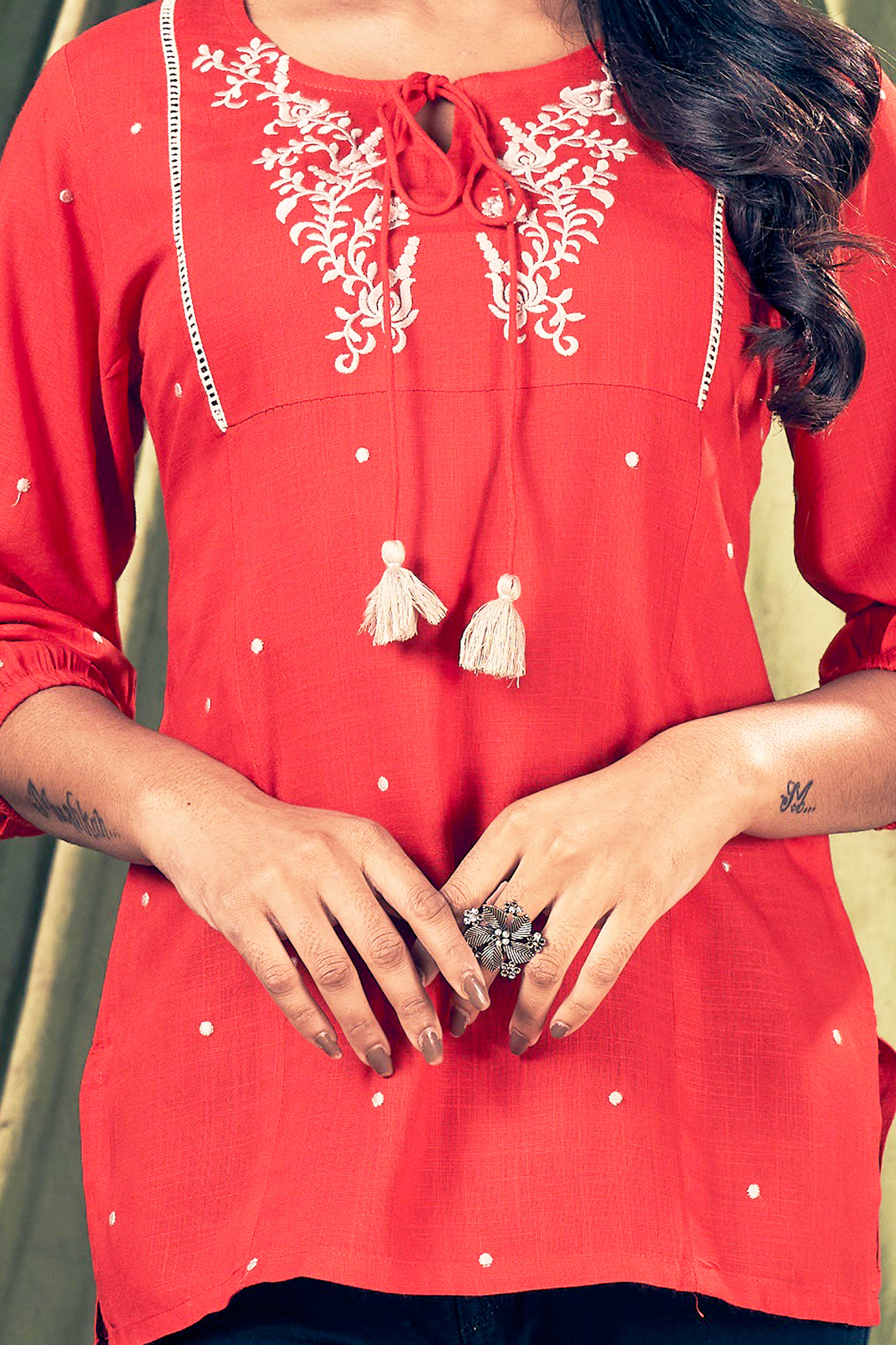 Round Neck Embroidered Rayon Top