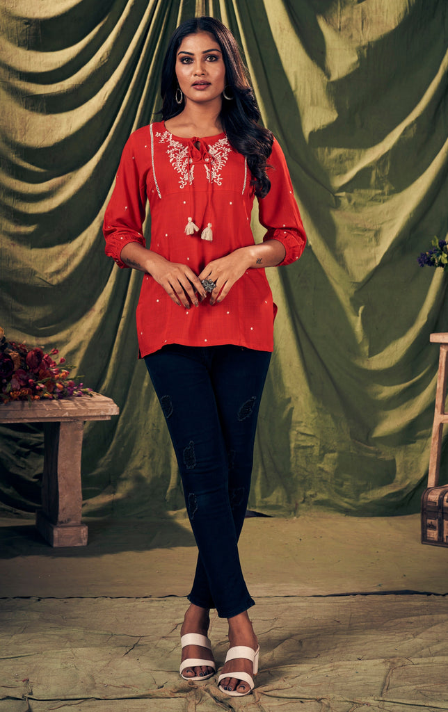 Round Neck Embroidered Rayon Top