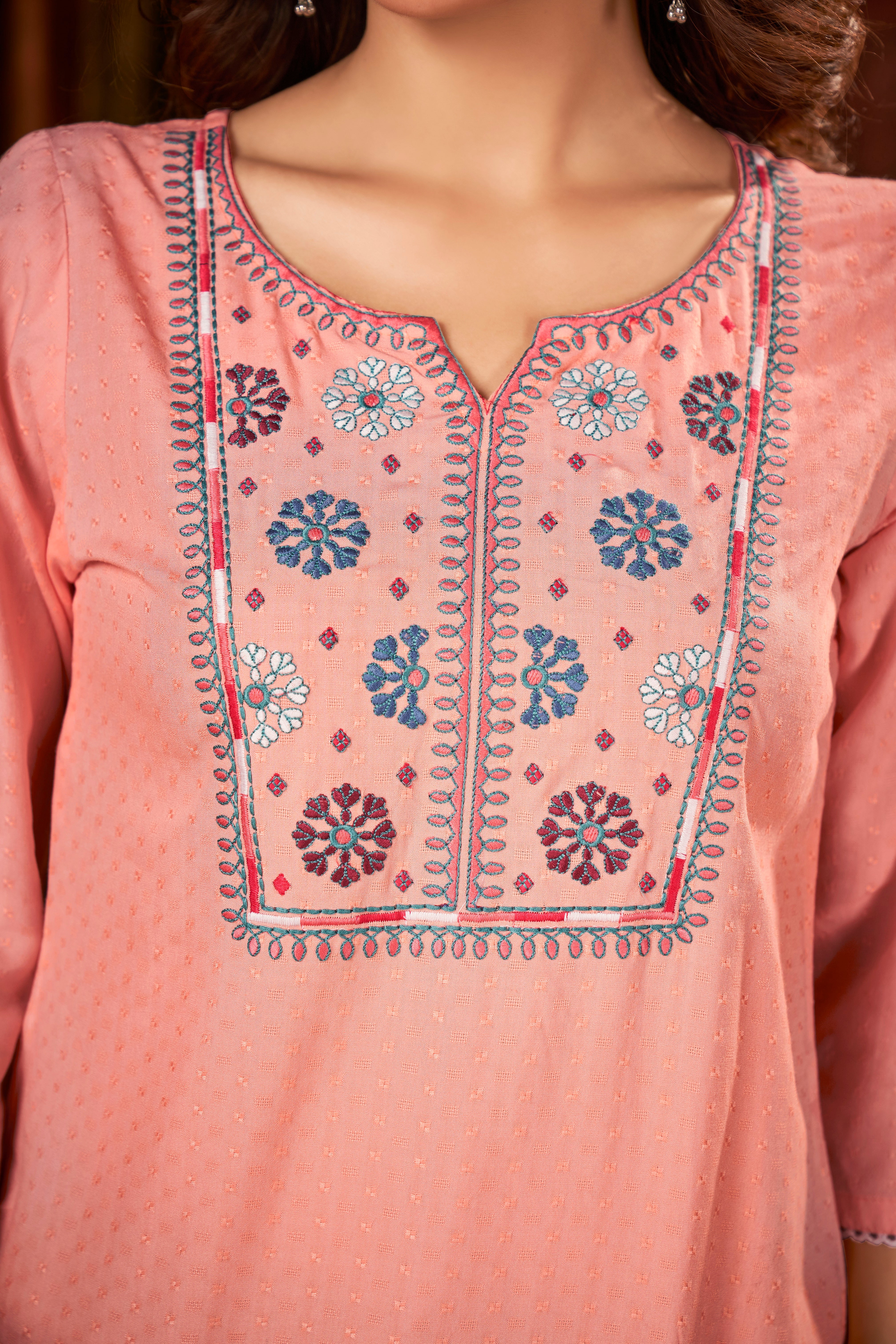 Round Neck Embroidered Rayon Dobby Top