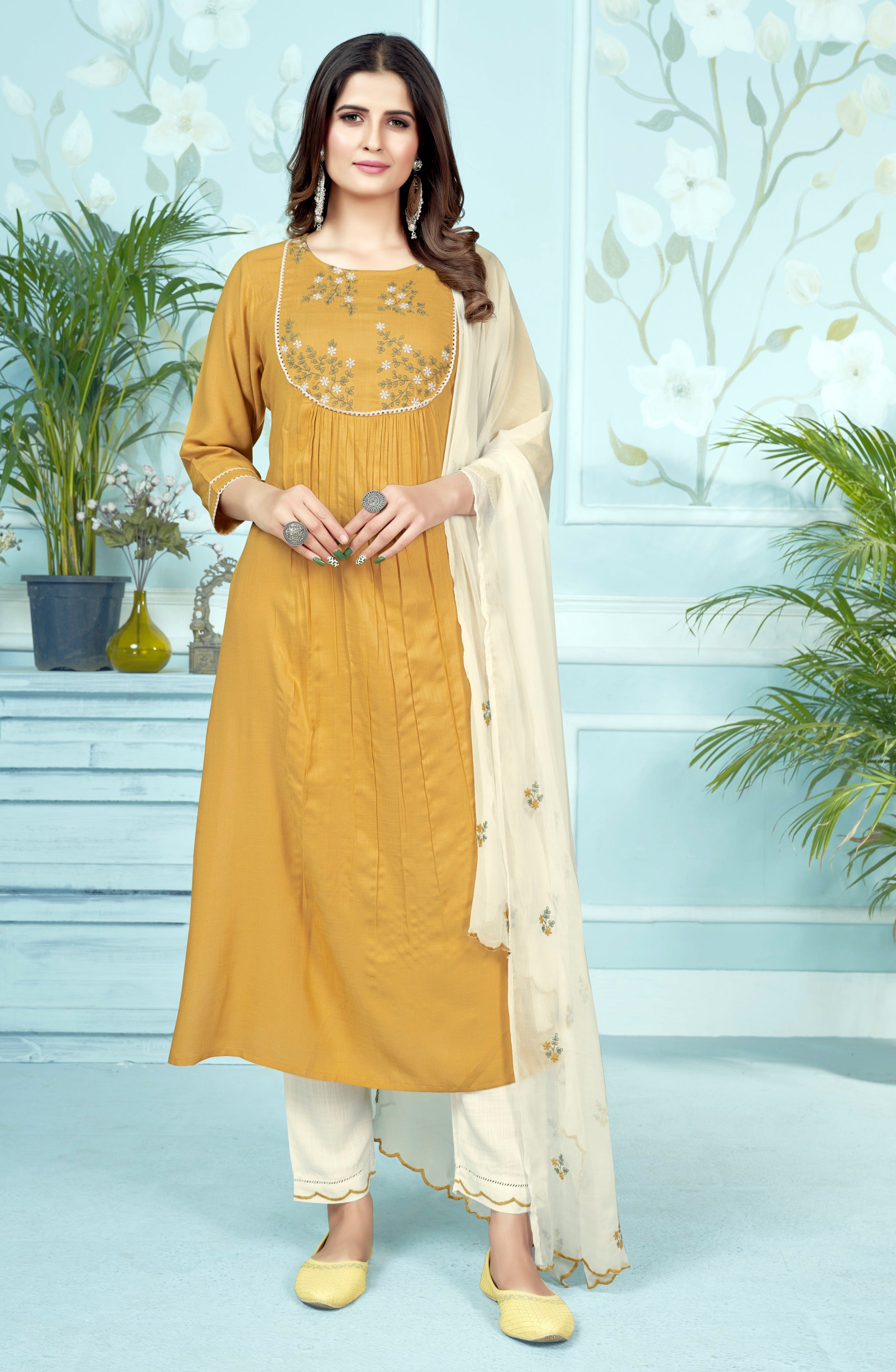 Embroidered Kurti With Pant & Dupatta