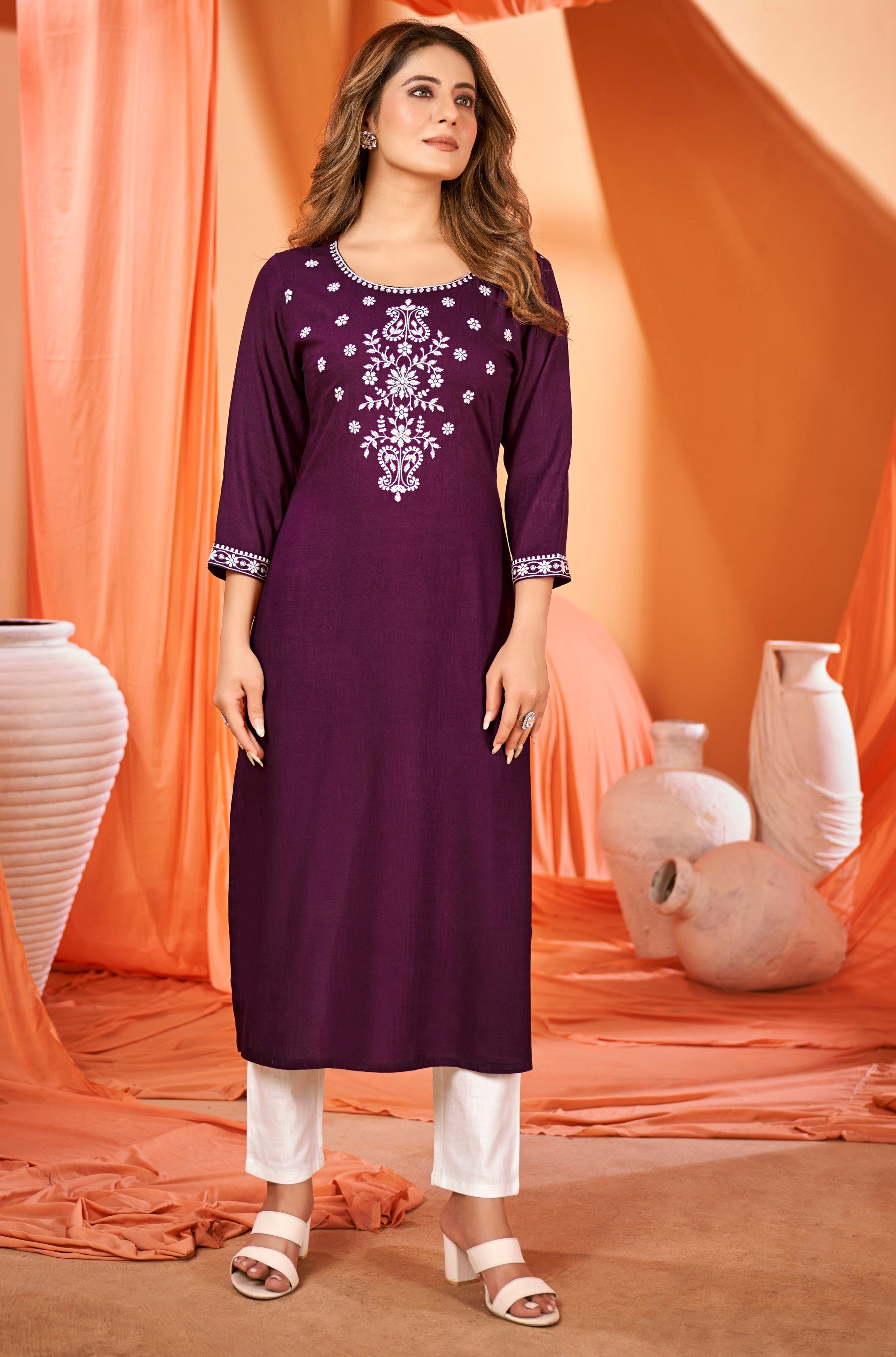 Round Neck Embroidered Rayon Kurta (Plus Size)