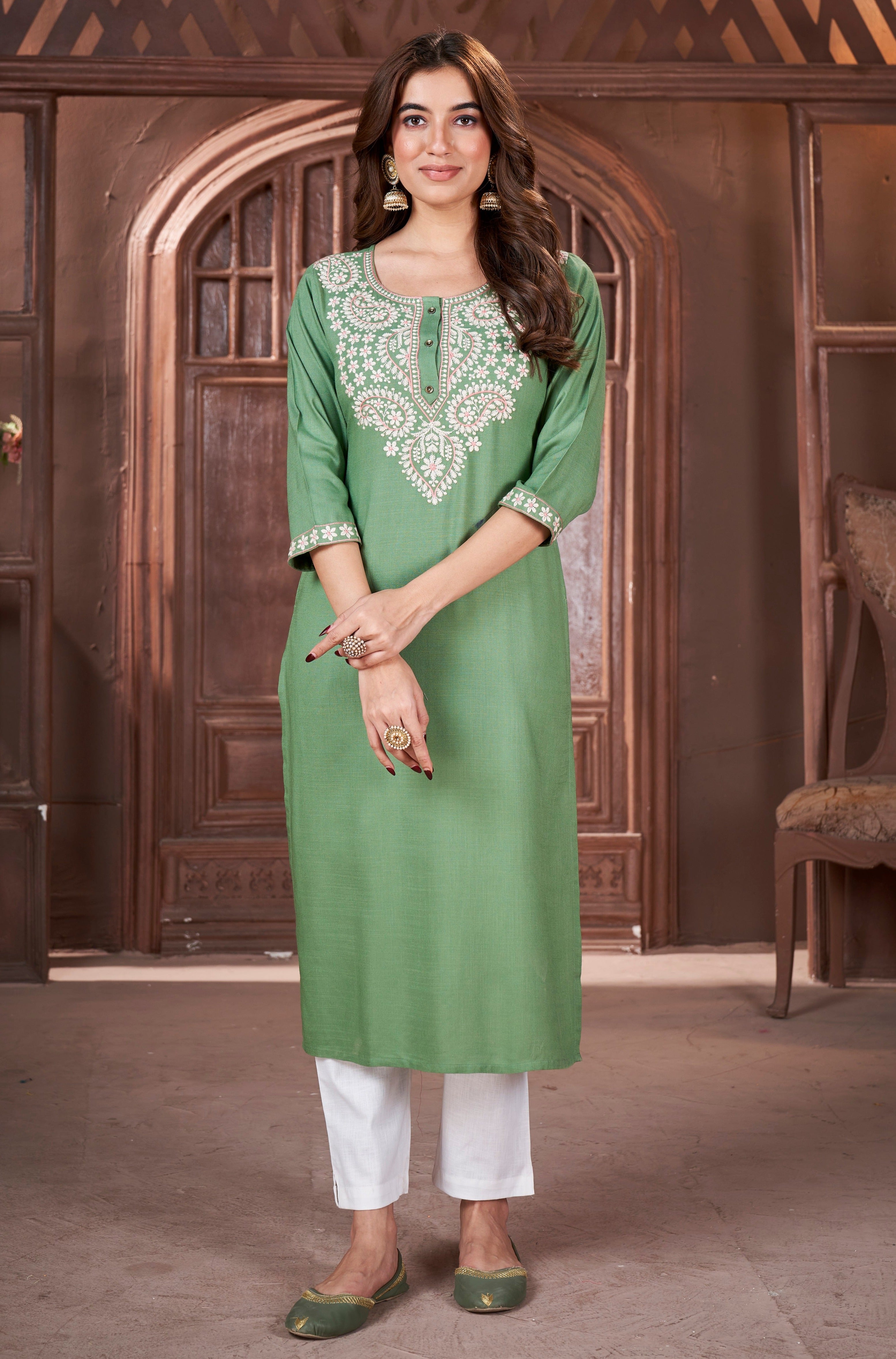 Round Neck Embroidered Rayon Kurta