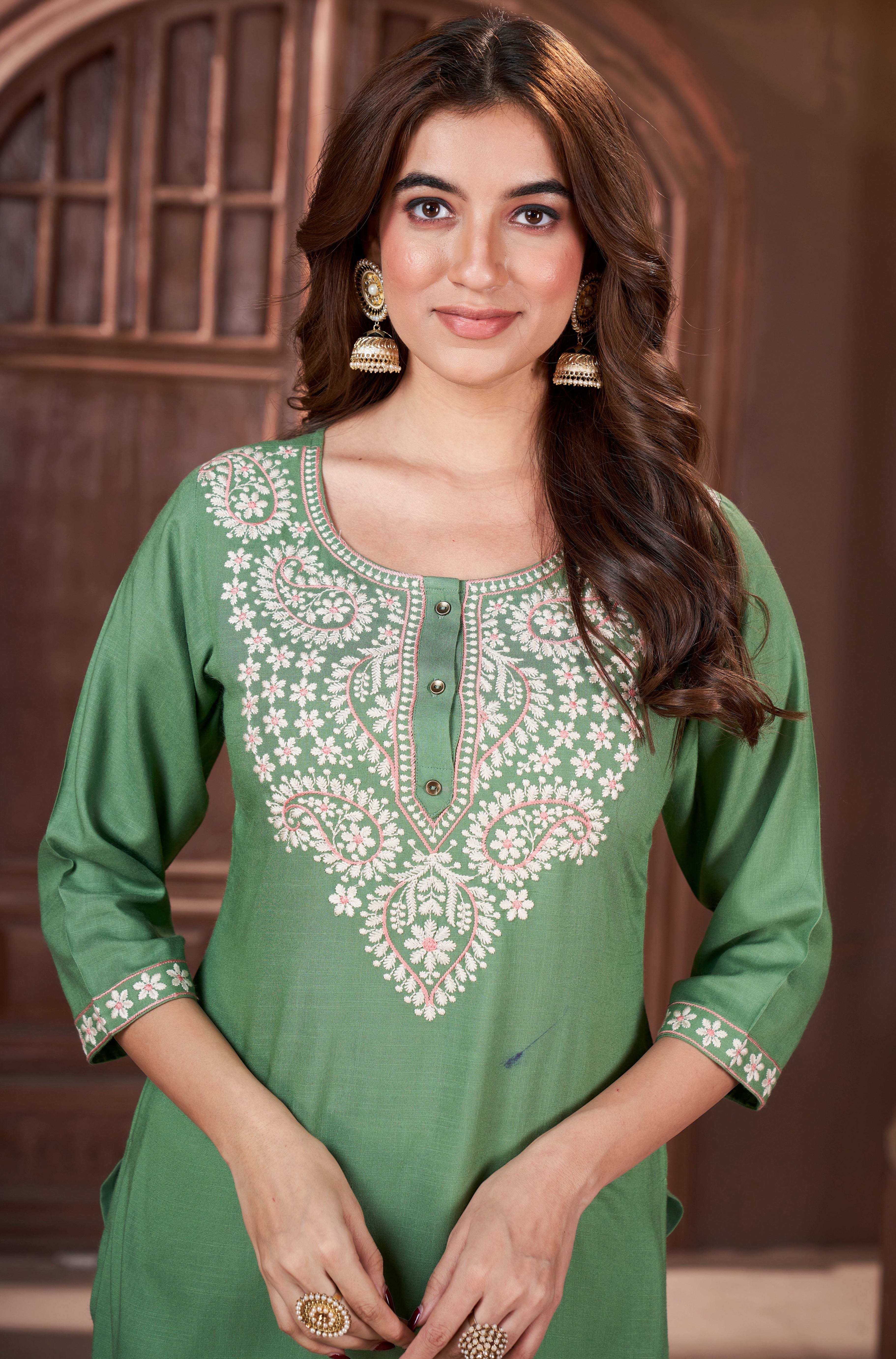 Round Neck Embroidered Rayon Kurta