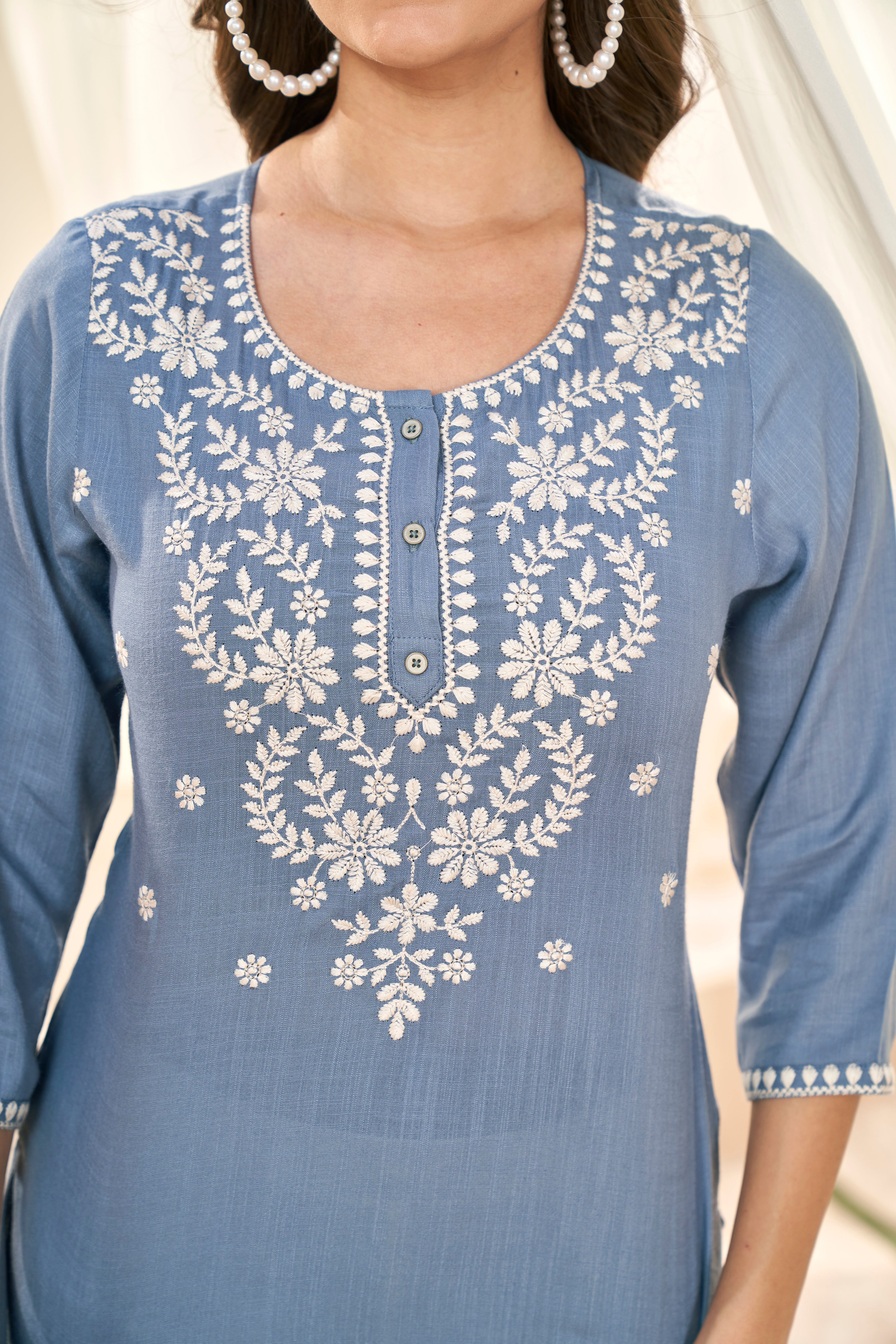 Sky Blue Round Embroidered Rayon Kurti