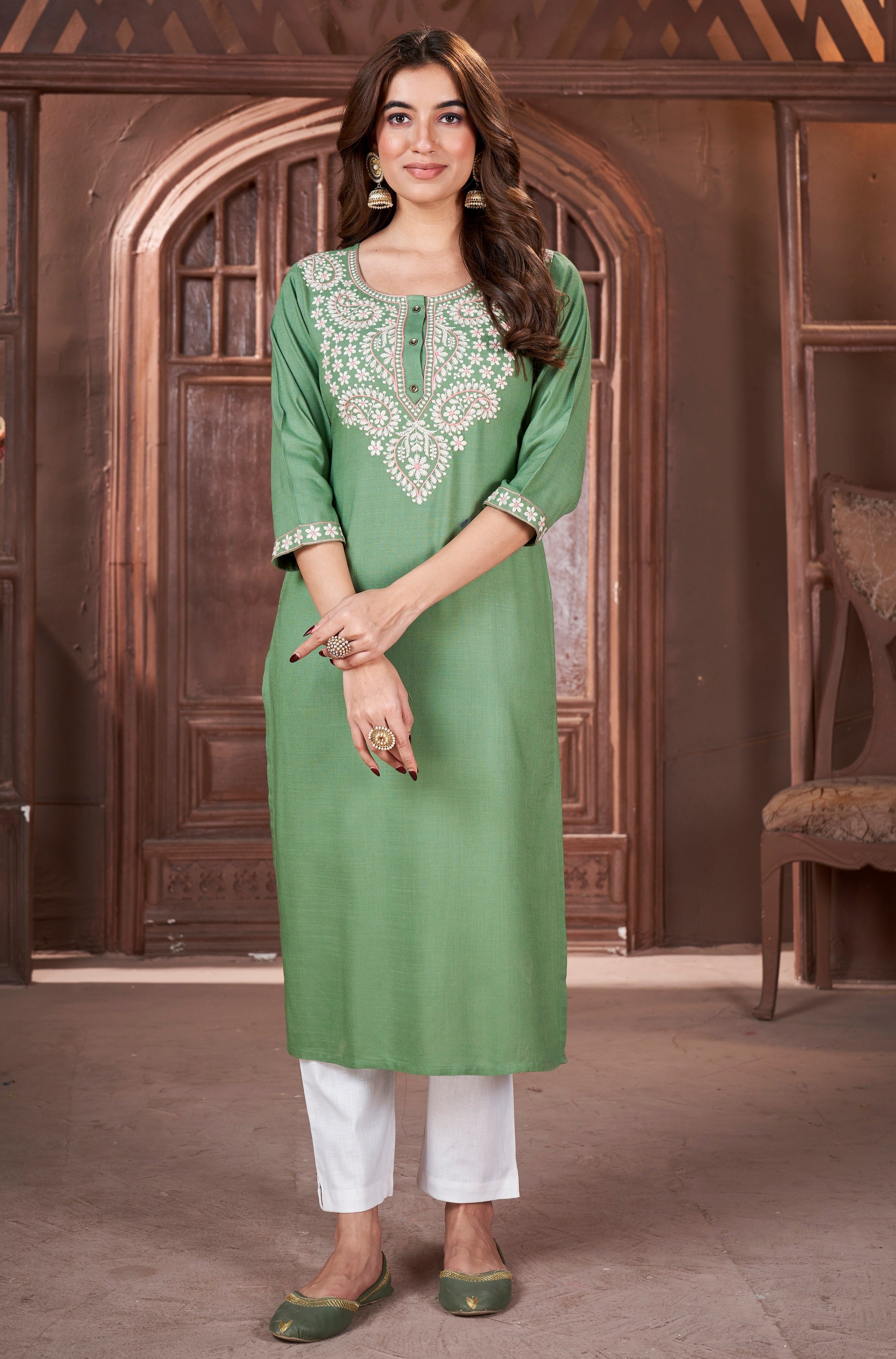 Round Neck Embroidered Rayon Kurti (Plus Size)