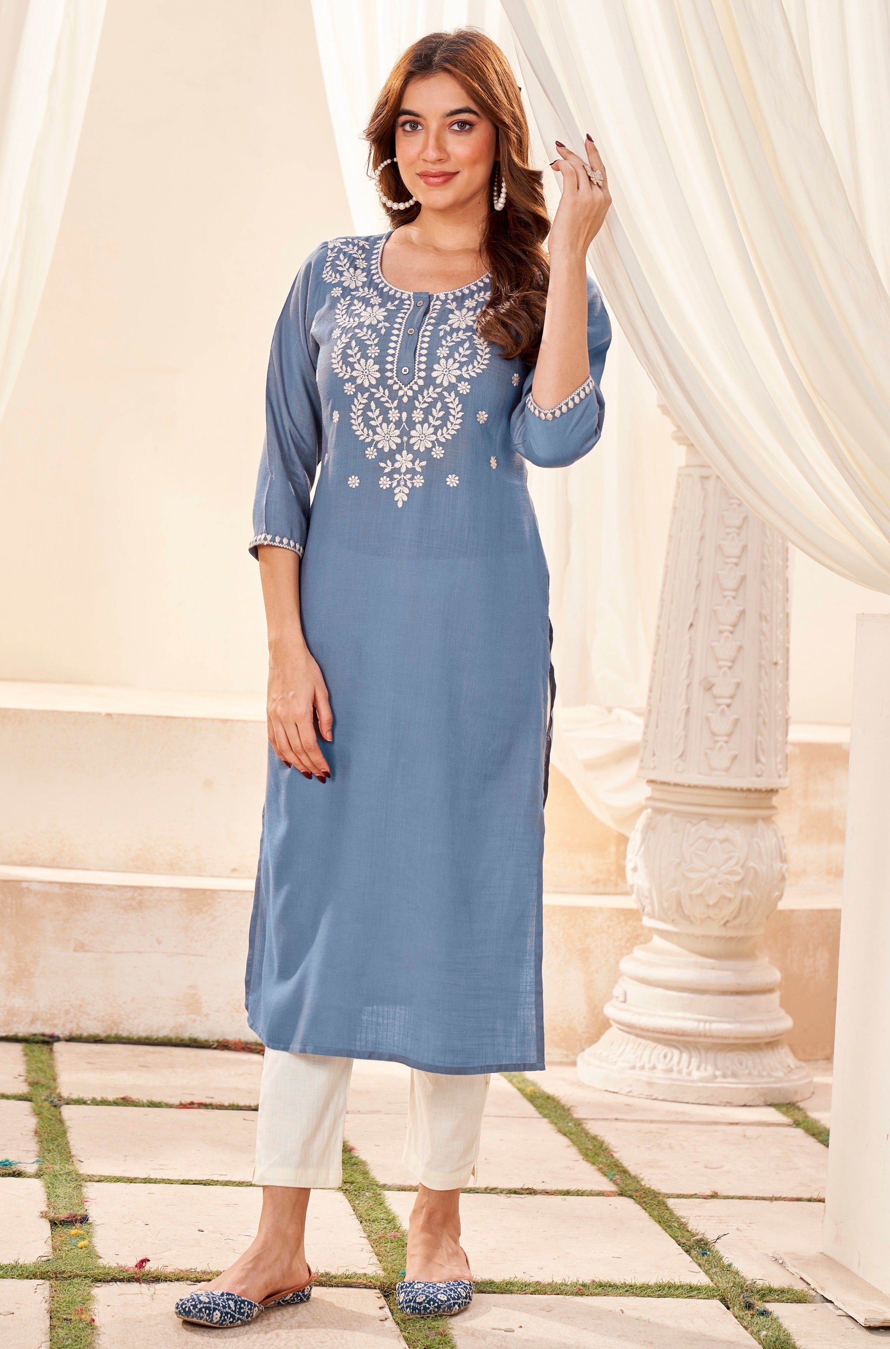 Round Neck Embroidered Rayon Kurti (Plus Size)