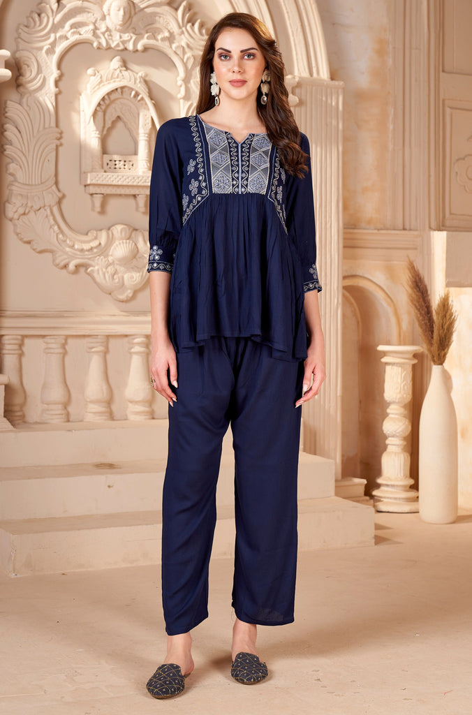 Navy Blue Embroidered Wrinkled Rayon Co-Ord Set