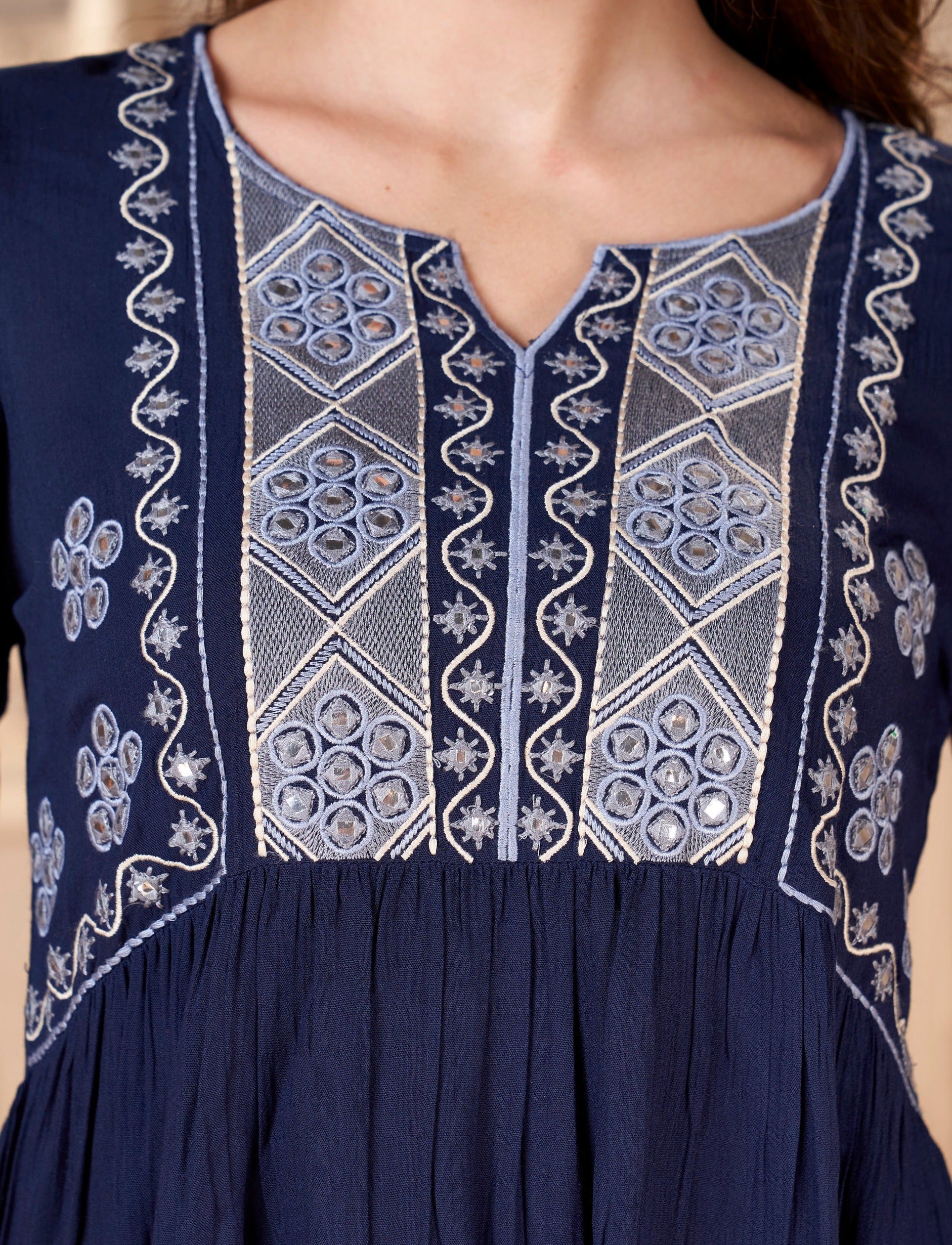 Navy Blue Embroidered Wrinkled Rayon Co-Ord Set