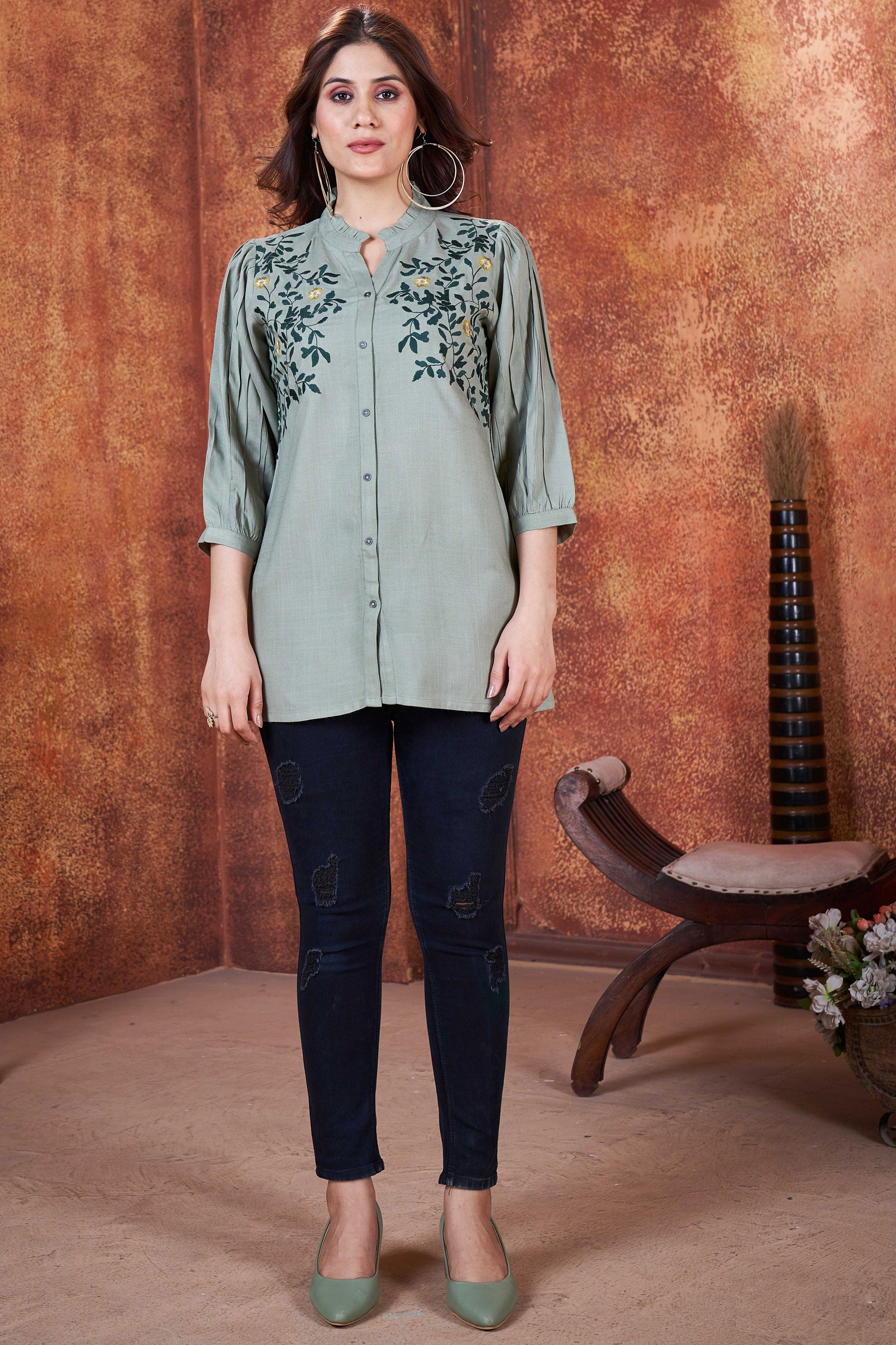 Round Neck Embroidered Rayon Top