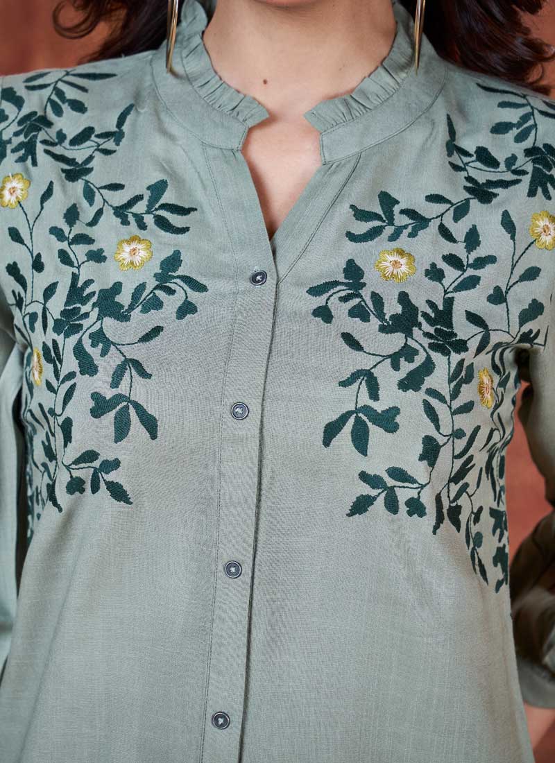 Round Neck Embroidered Rayon Top