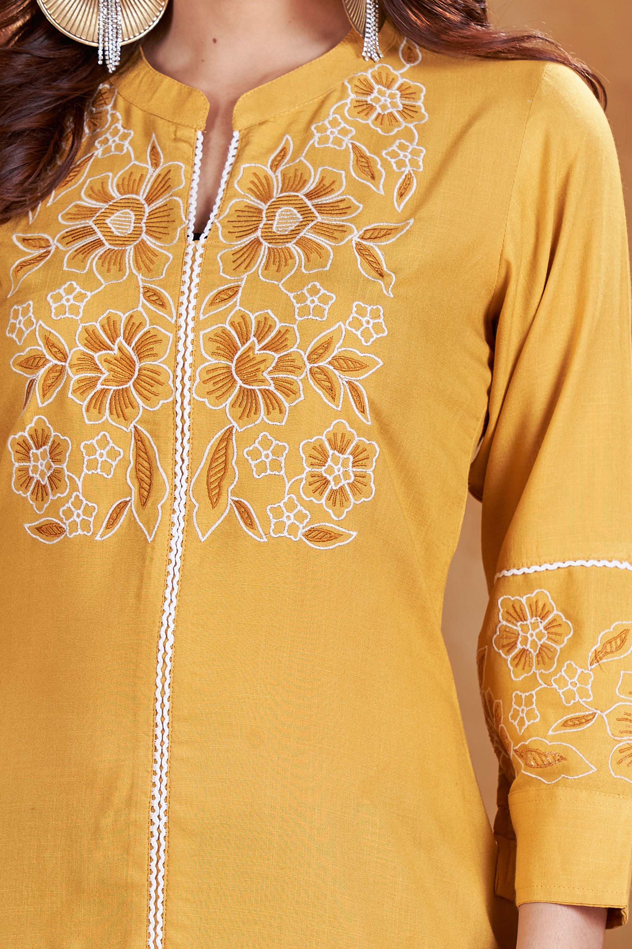Mustard Yellow & White Floral Embroidered Mandarin Collar A-Line Kurta