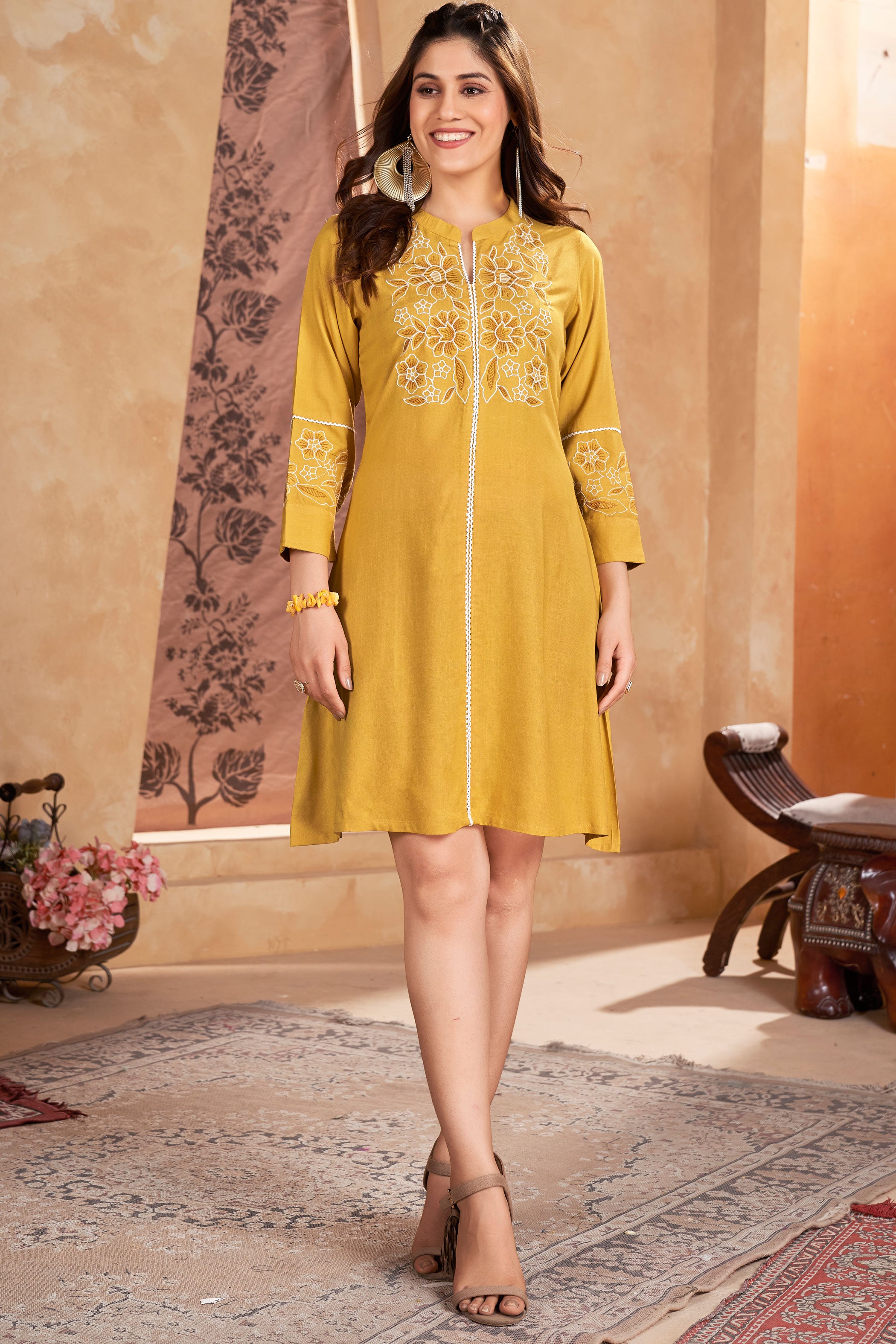 Mustard Yellow & White Floral Embroidered Mandarin Collar A-Line Kurta