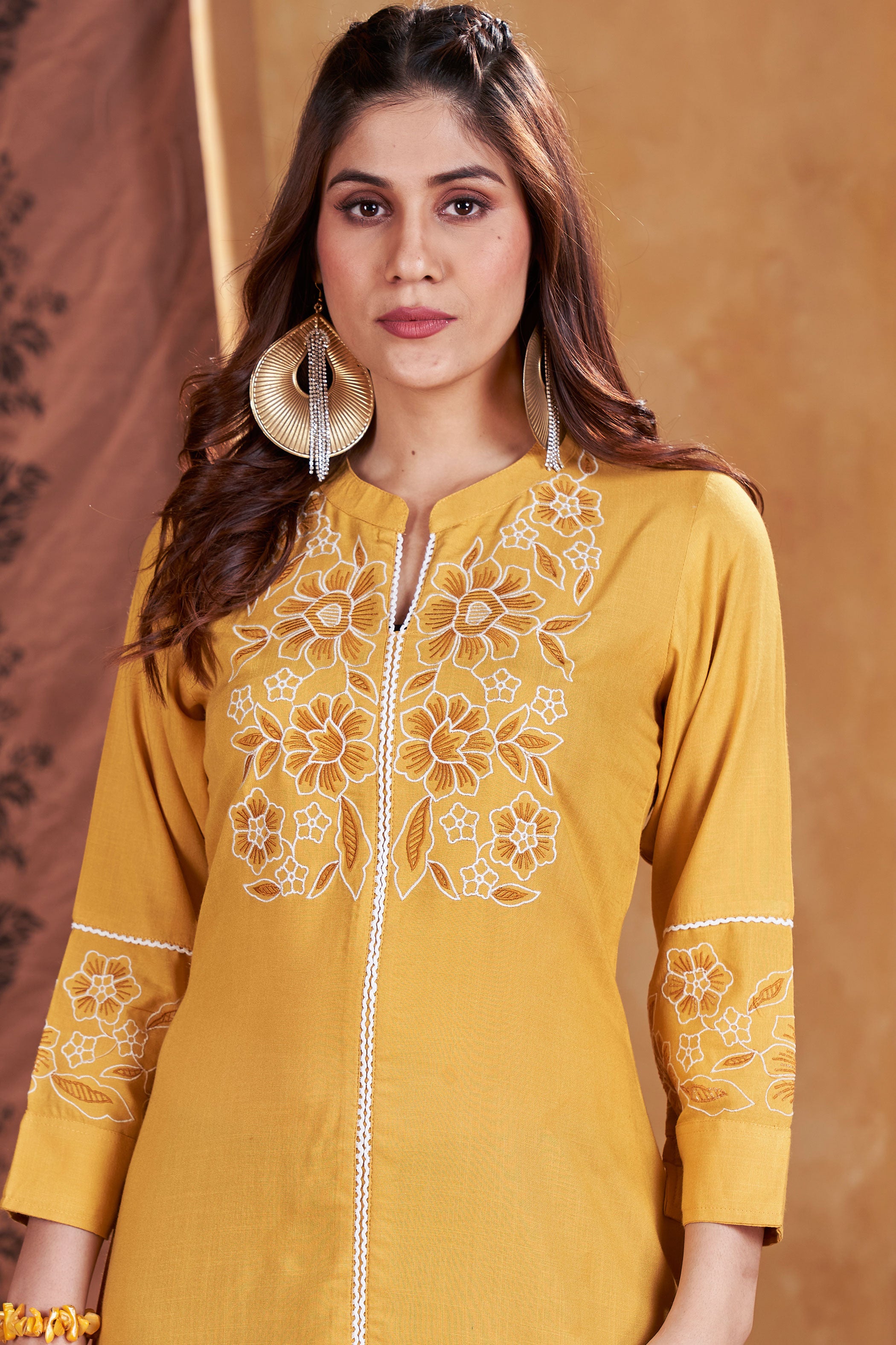 Mustard Yellow & White Floral Embroidered Mandarin Collar A-Line Kurta