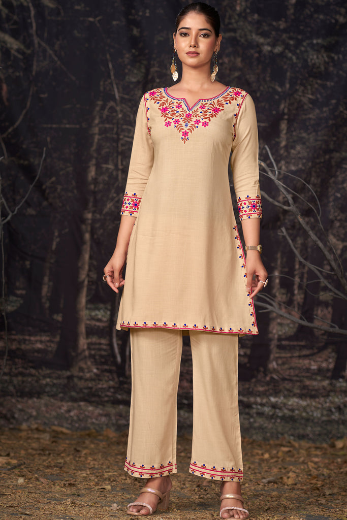 Embroidered Three Quarter Sleeves Kurta With Trousers Set