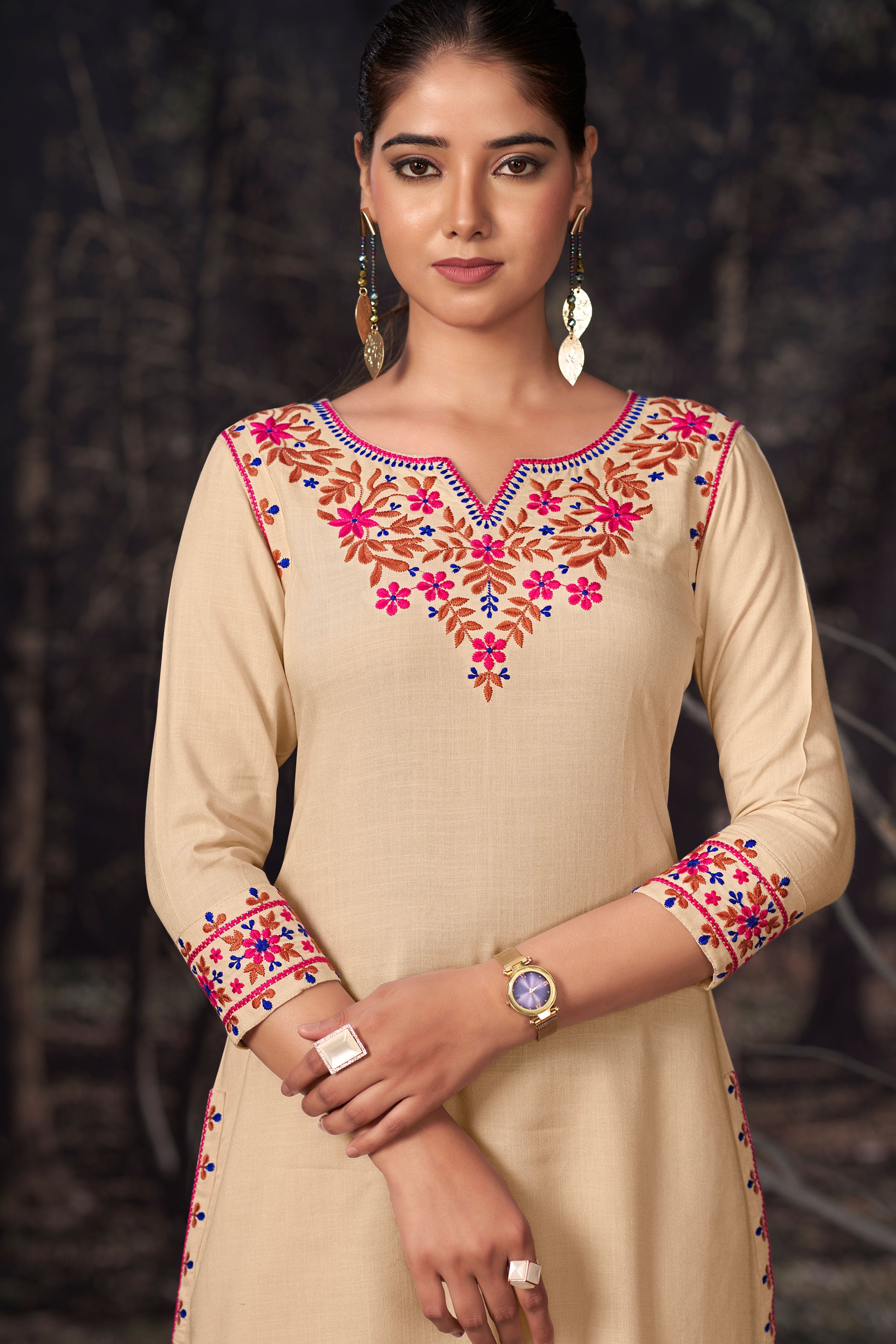 Embroidered Three Quarter Sleeves Kurta With Trousers Set