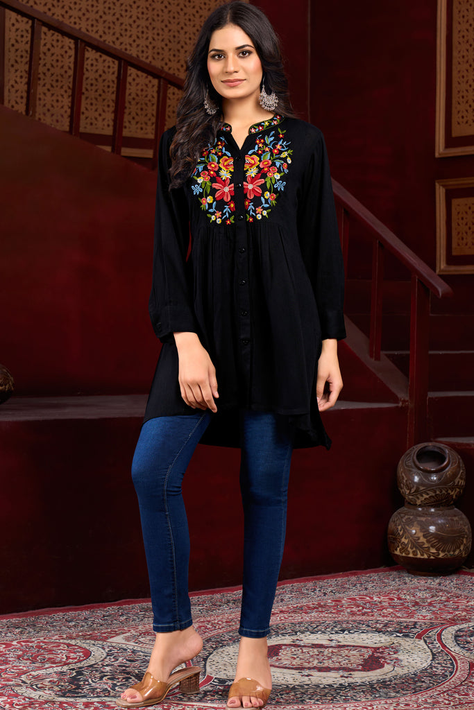 Floral Embroidered Mandarin Collar Thread Work Short Kurti